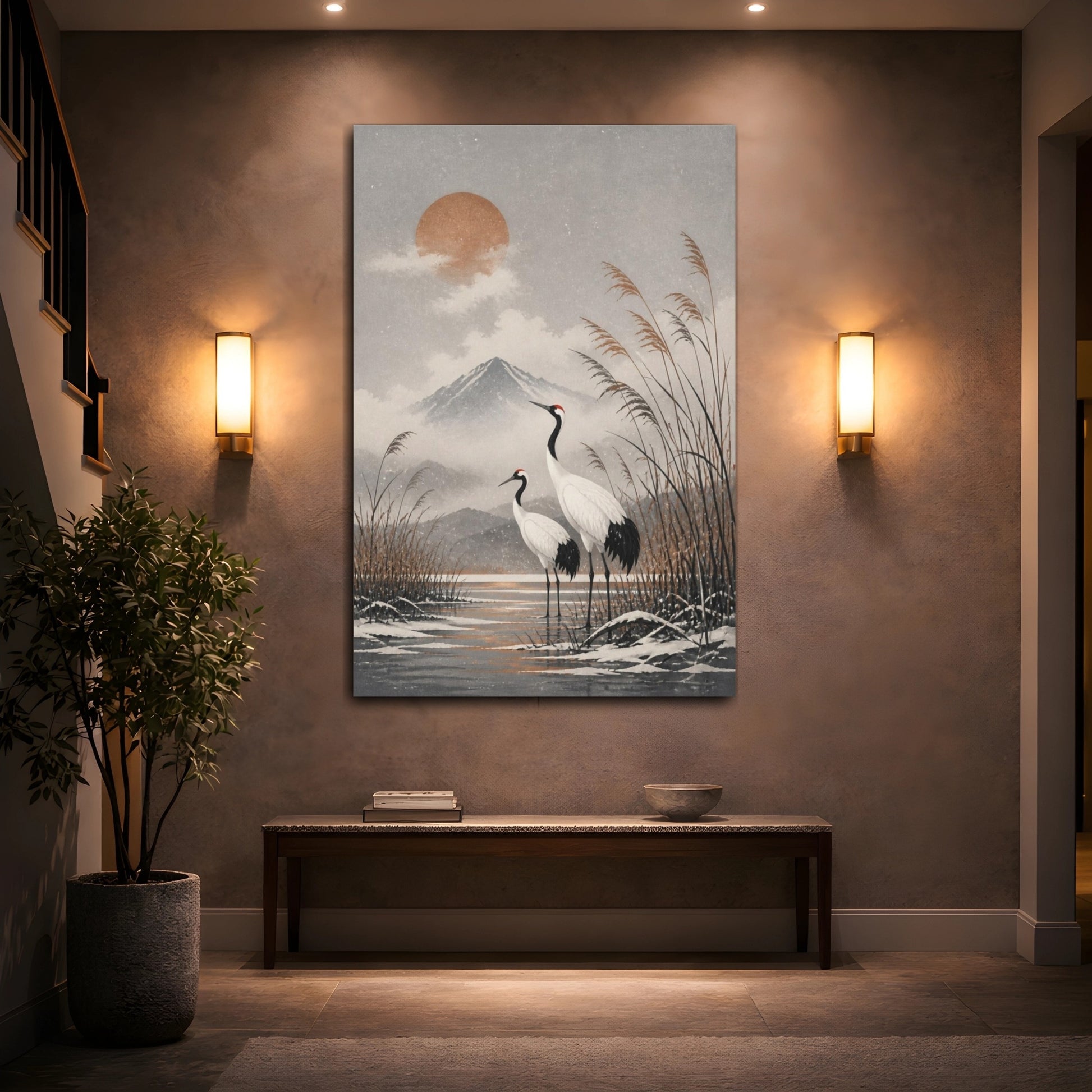 Mockup 2. Japanese Crane Pair shown as canvas print