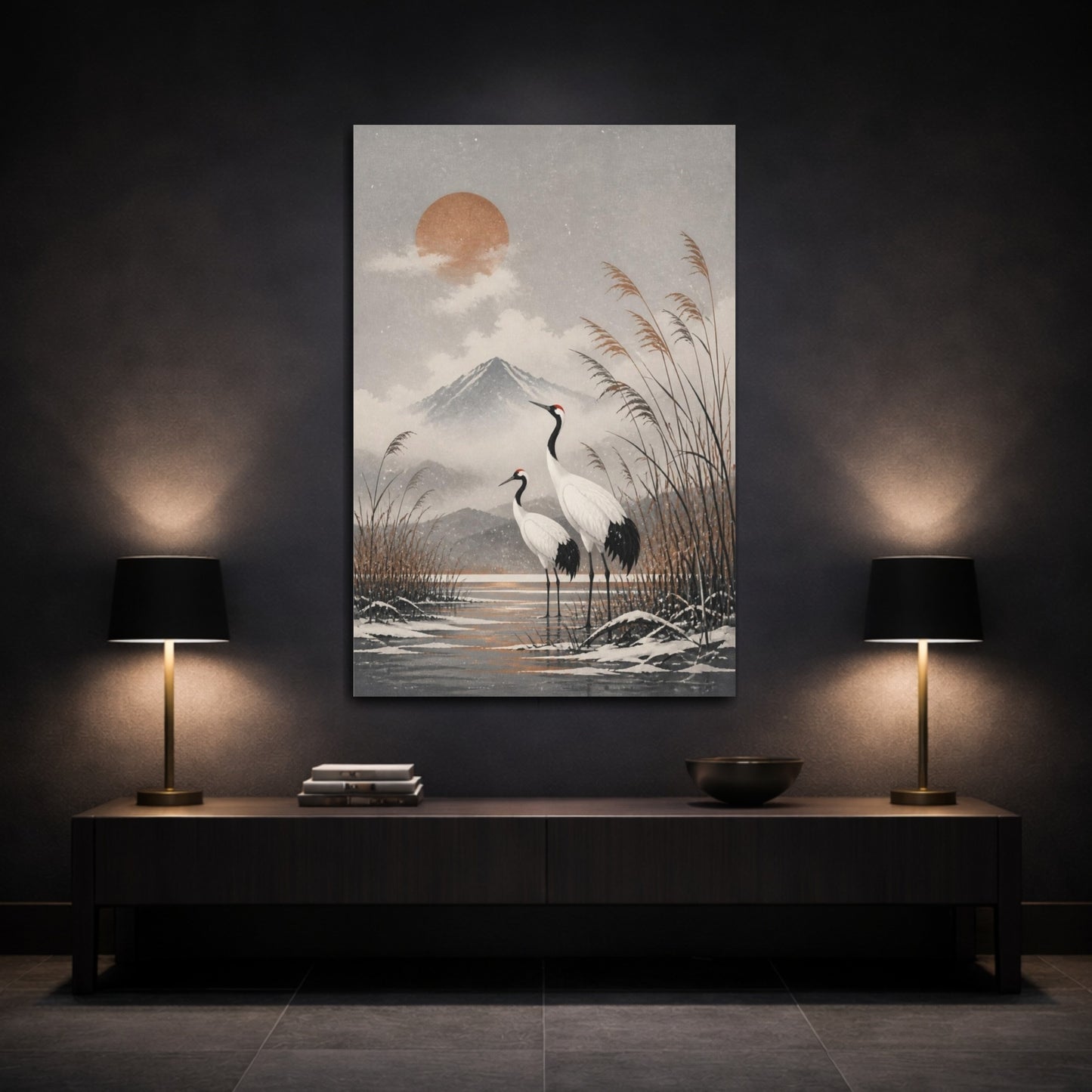 Mockup 3. Japanese Crane Pair shown as canvas print