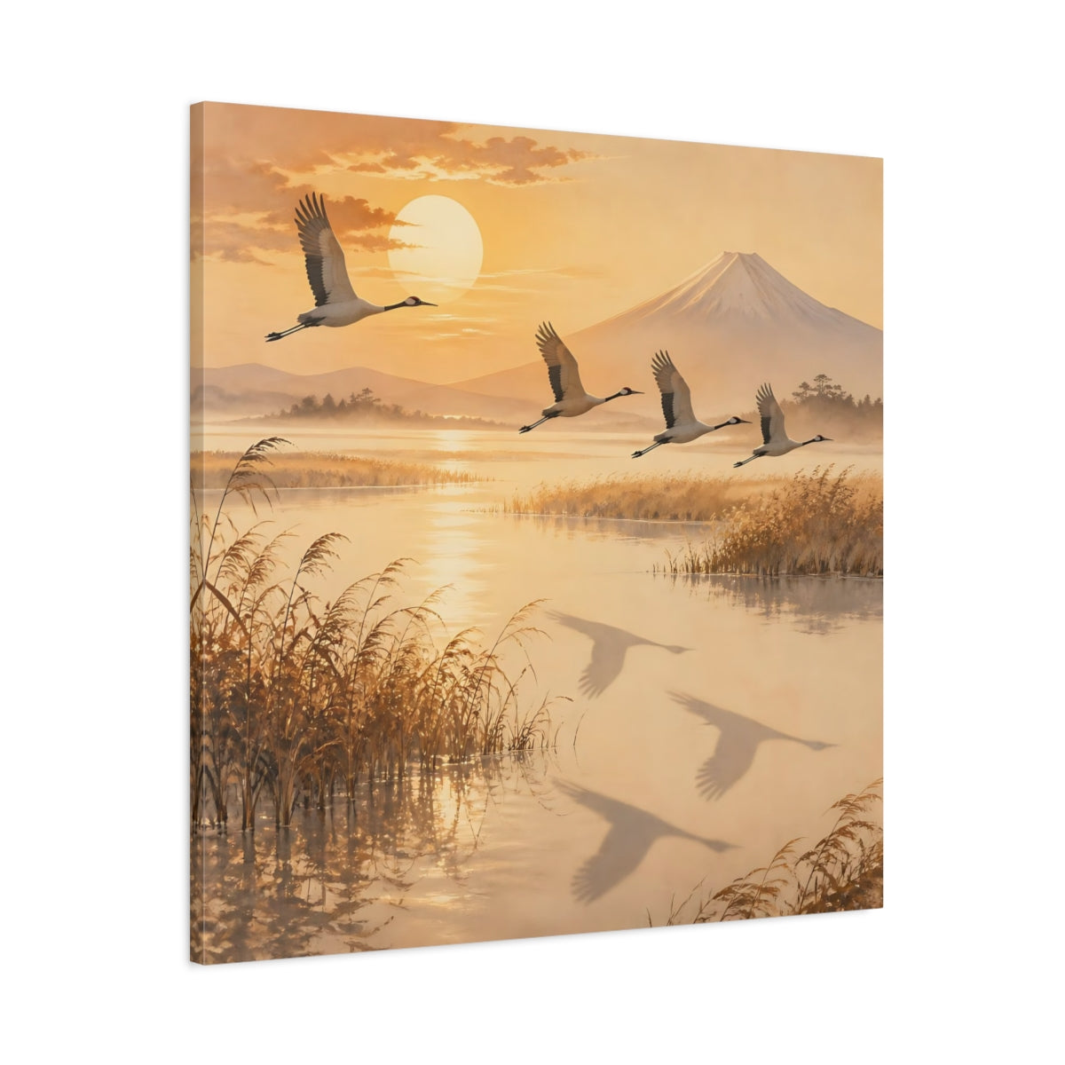 Main Mockup. Japanese Crane Sunrise shown as canvas print