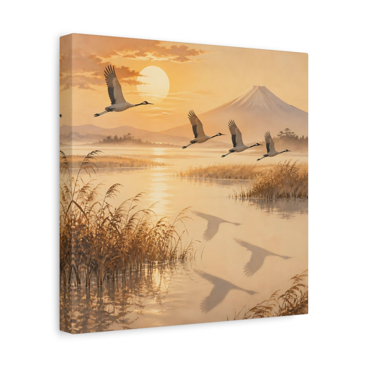 Side Mockup 8. Japanese Crane Sunrise shown as canvas print
