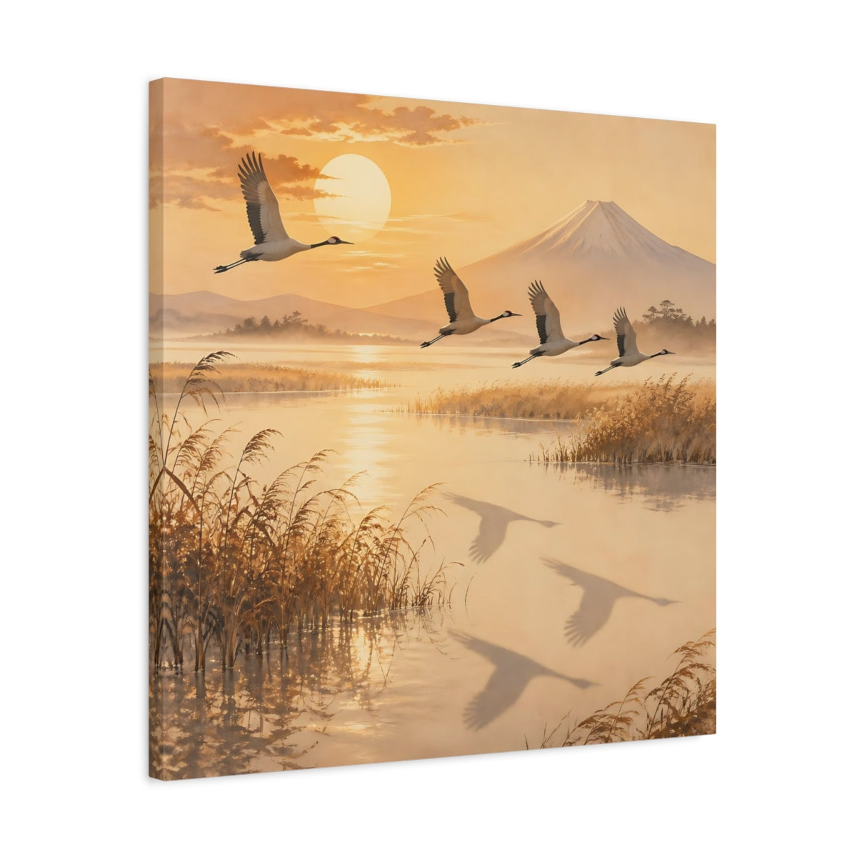 Side Mockup 4. Japanese Crane Sunrise shown as canvas print