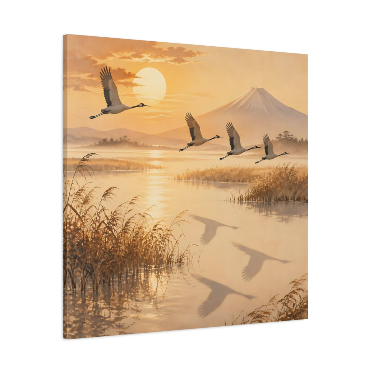 Side Mockup 1. Japanese Crane Sunrise shown as canvas print