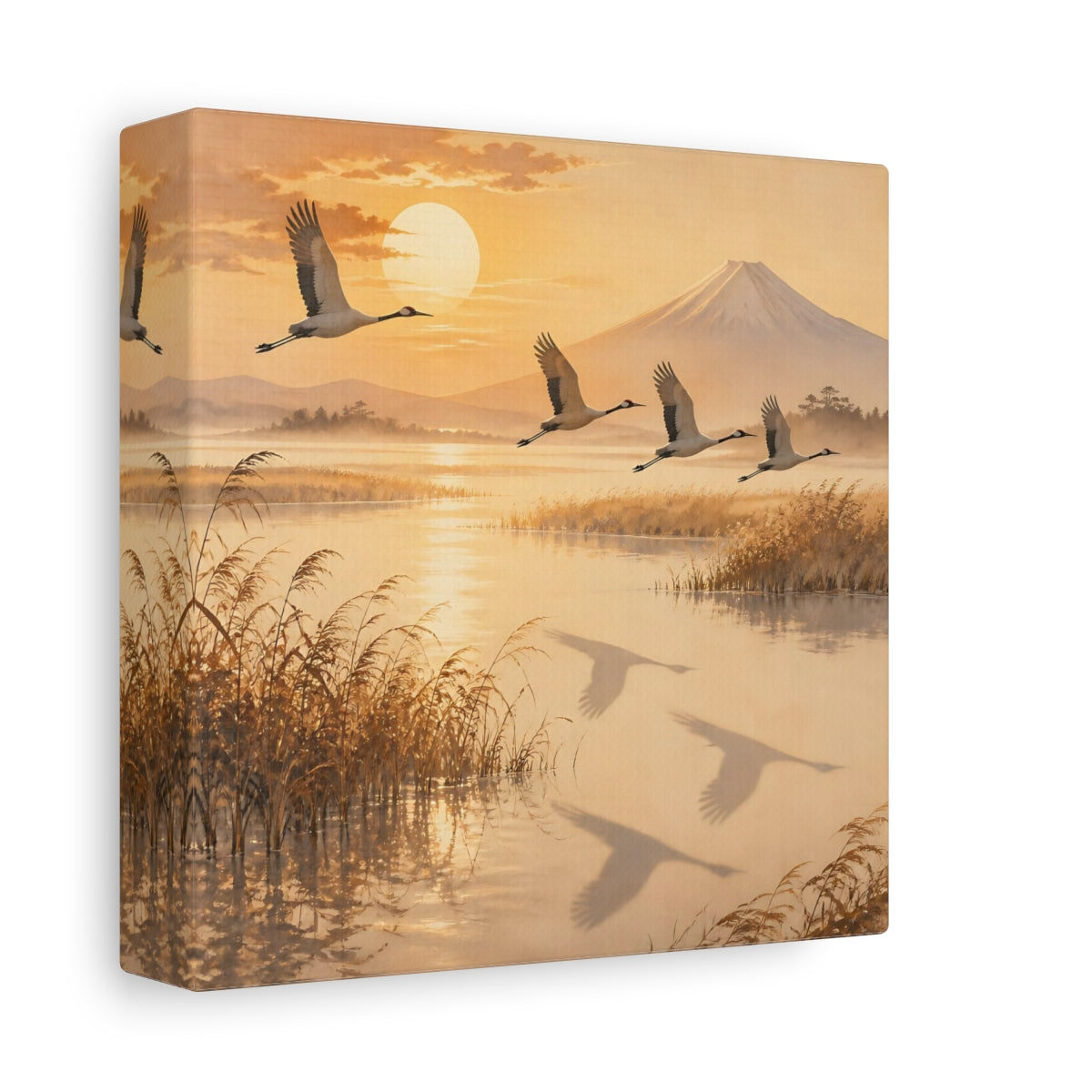 Side Mockup 2. Japanese Crane Sunrise shown as canvas print