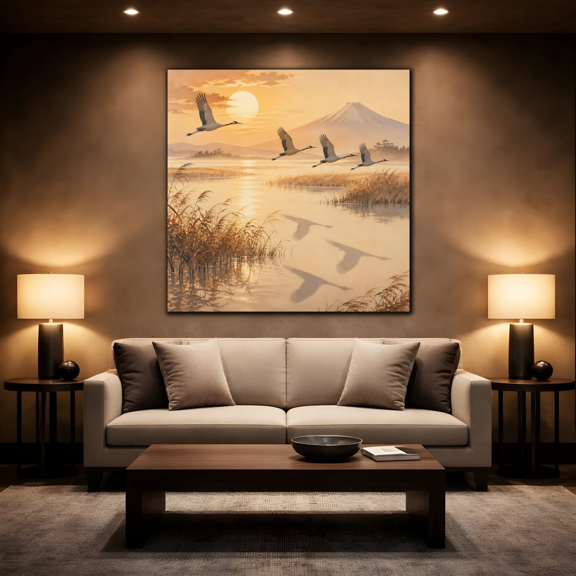 Mockup 2. Japanese Crane Sunrise shown as canvas print
