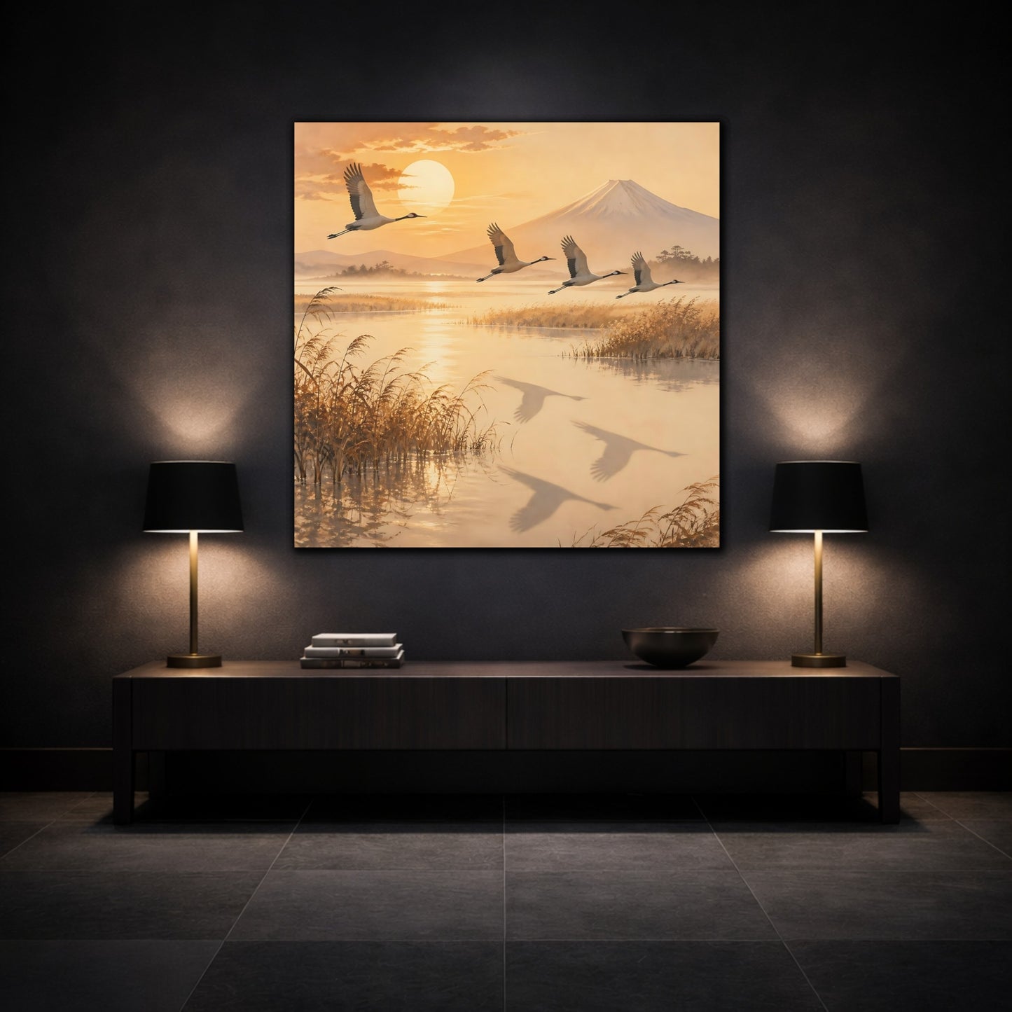 Mockup 3. Japanese Crane Sunrise shown as canvas print
