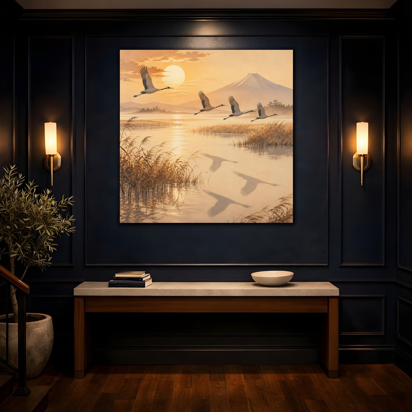 Mockup 4. Japanese Crane Sunrise shown as canvas print