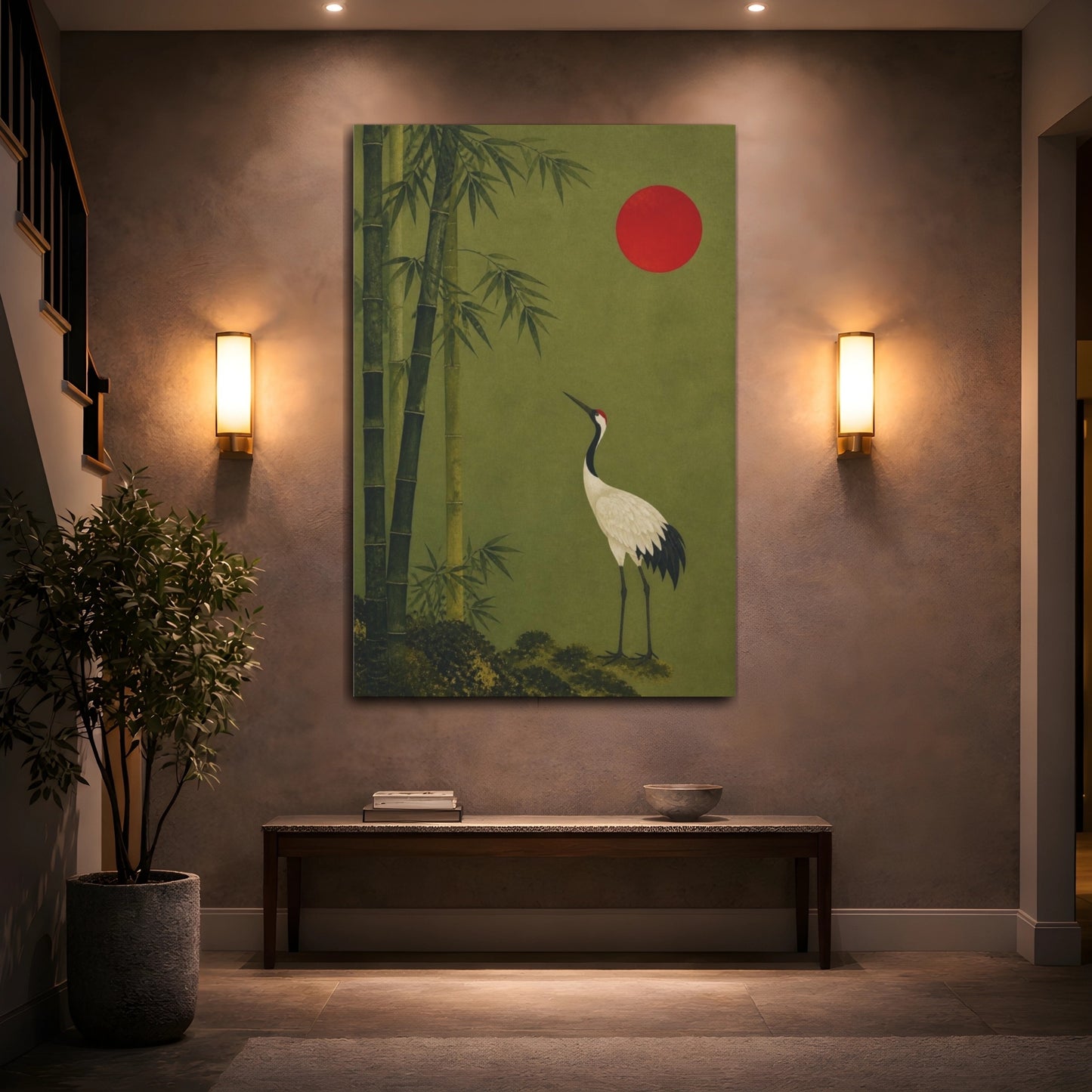Mockup 2. Japanese Crane With Bamboo shown as canvas print
