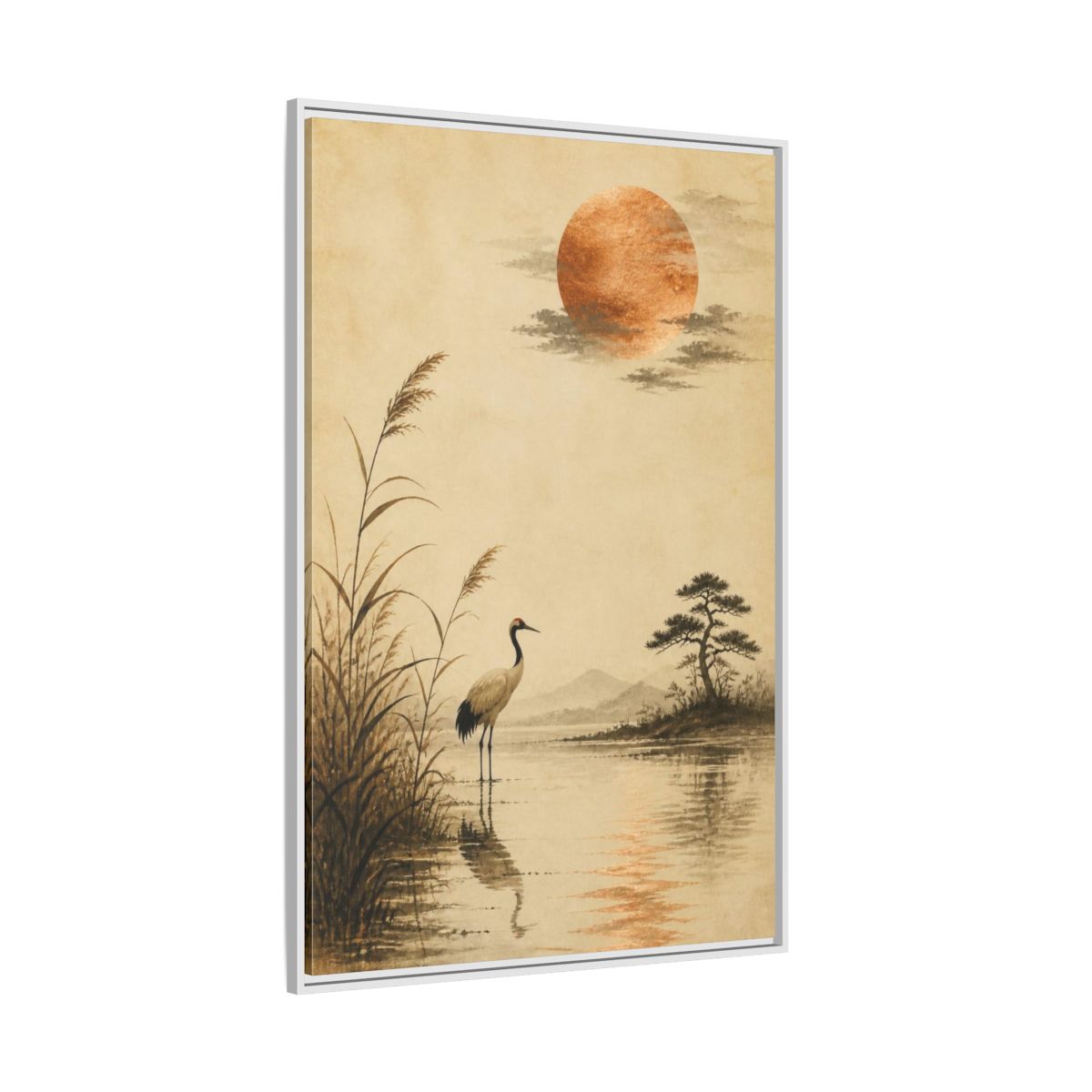 Side Mockup 7. Japanese Crane With Copper Moon shown as framed canvas print