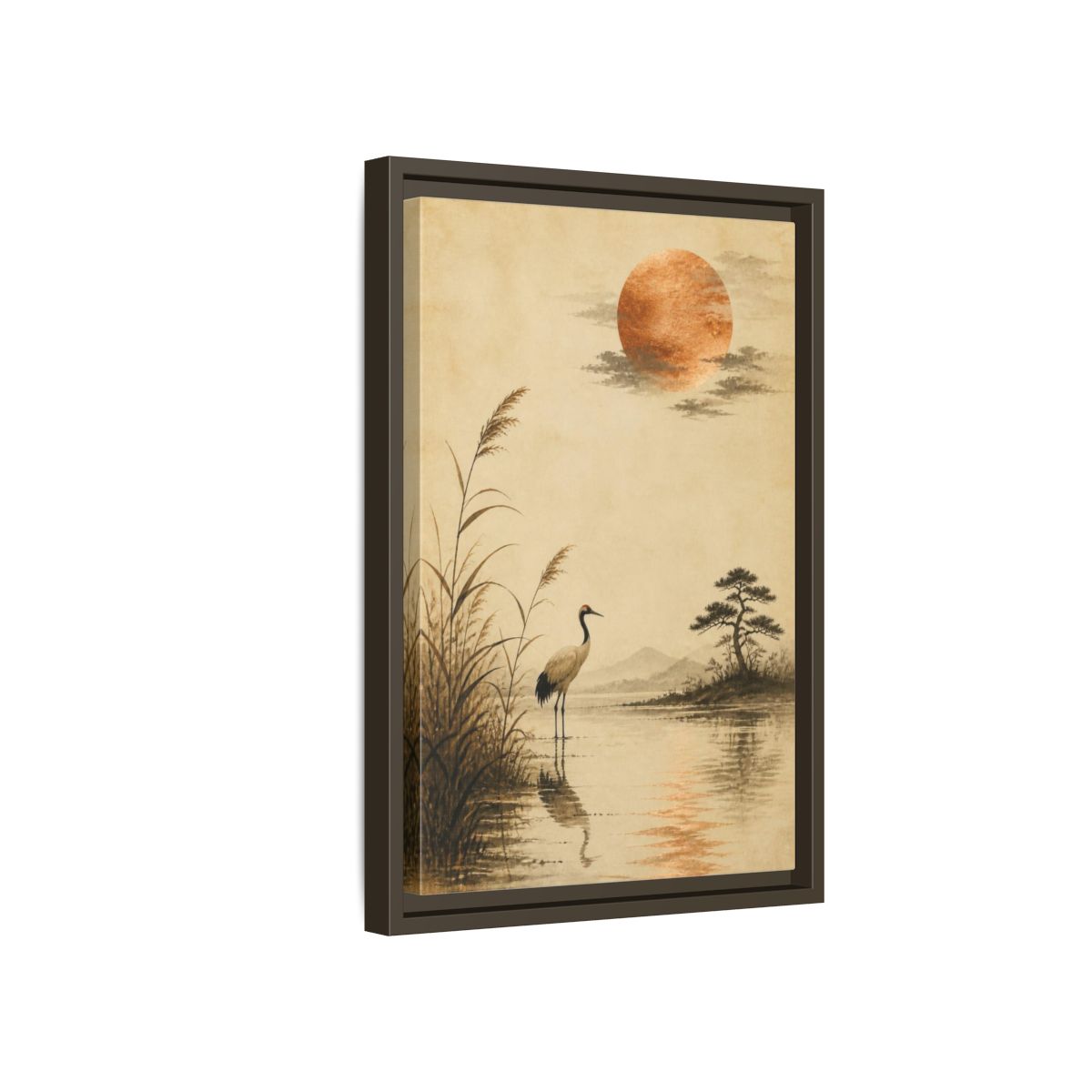 Side Mockup 5. Japanese Crane With Copper Moon shown as framed canvas print