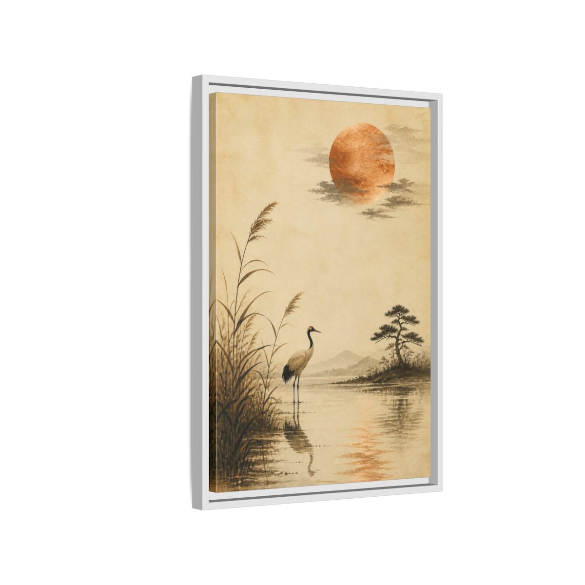 Side Mockup 1. Japanese Crane With Copper Moon shown as framed canvas print
