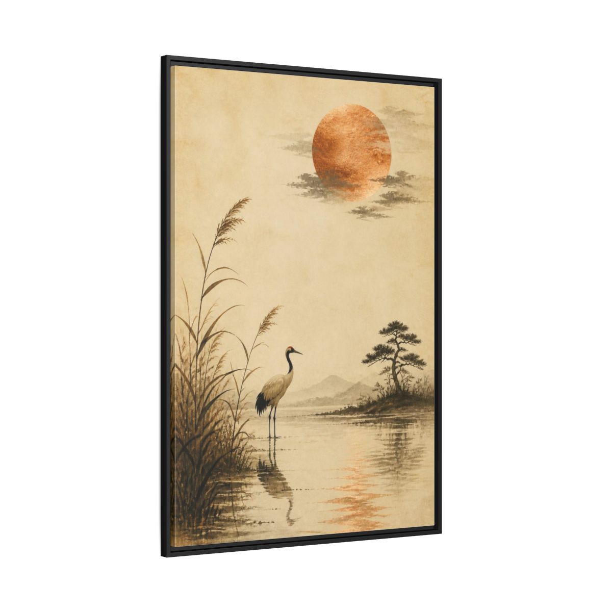 Side Mockup 12. Japanese Crane With Copper Moon shown as framed canvas print