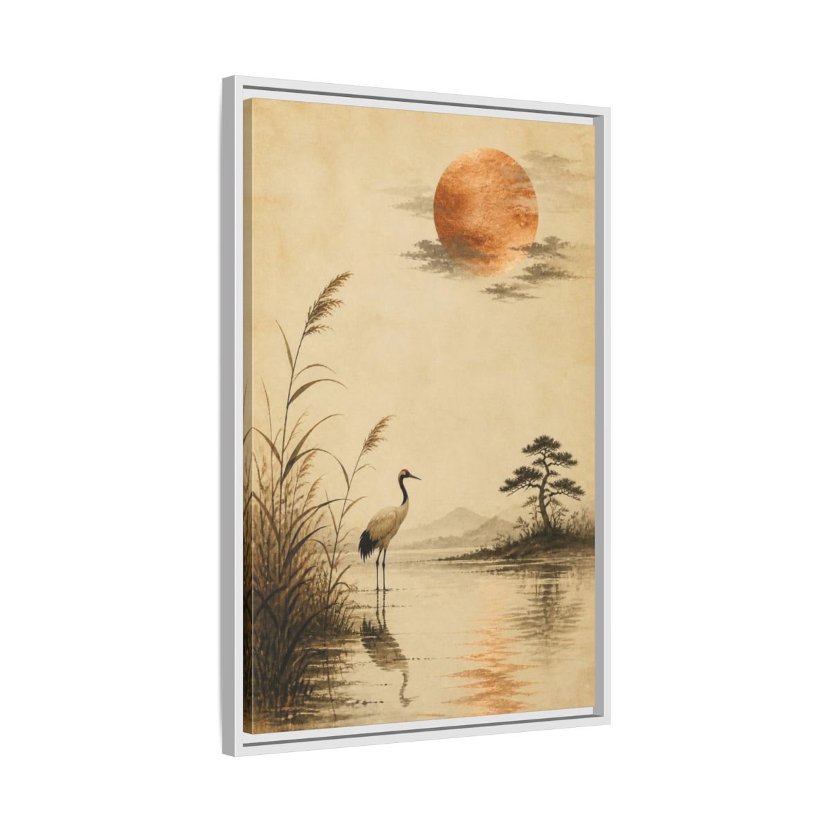 Side Mockup 10. Japanese Crane With Copper Moon shown as framed canvas print