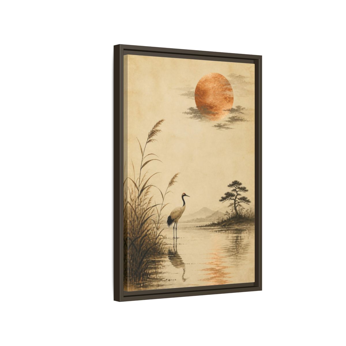 Side Mockup 2. Japanese Crane With Copper Moon shown as framed canvas print