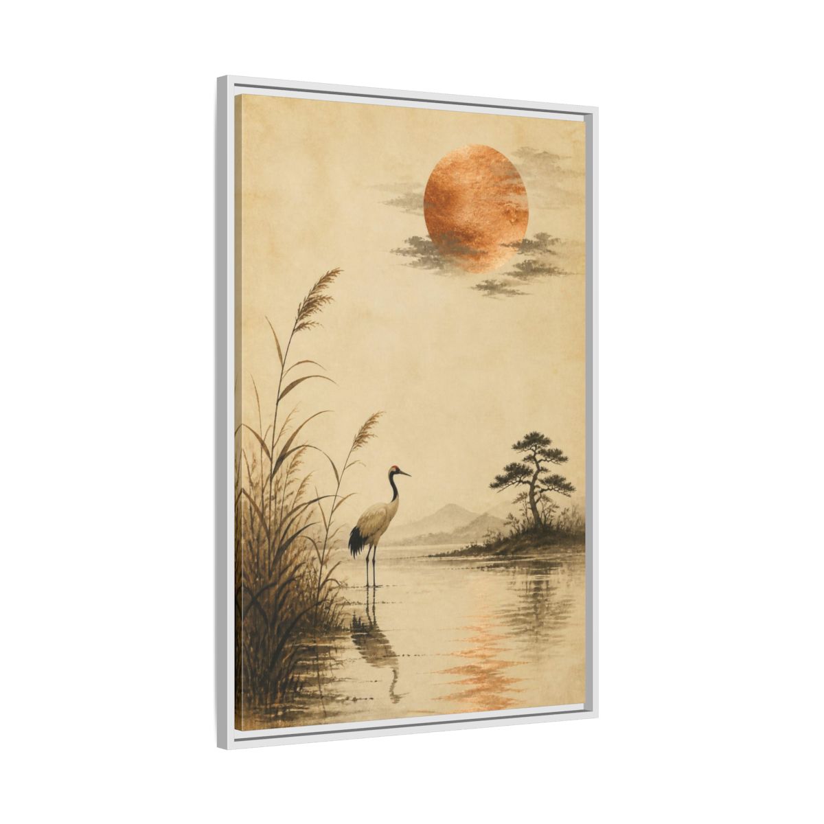 Side Mockup 9. Japanese Crane With Copper Moon shown as framed canvas print
