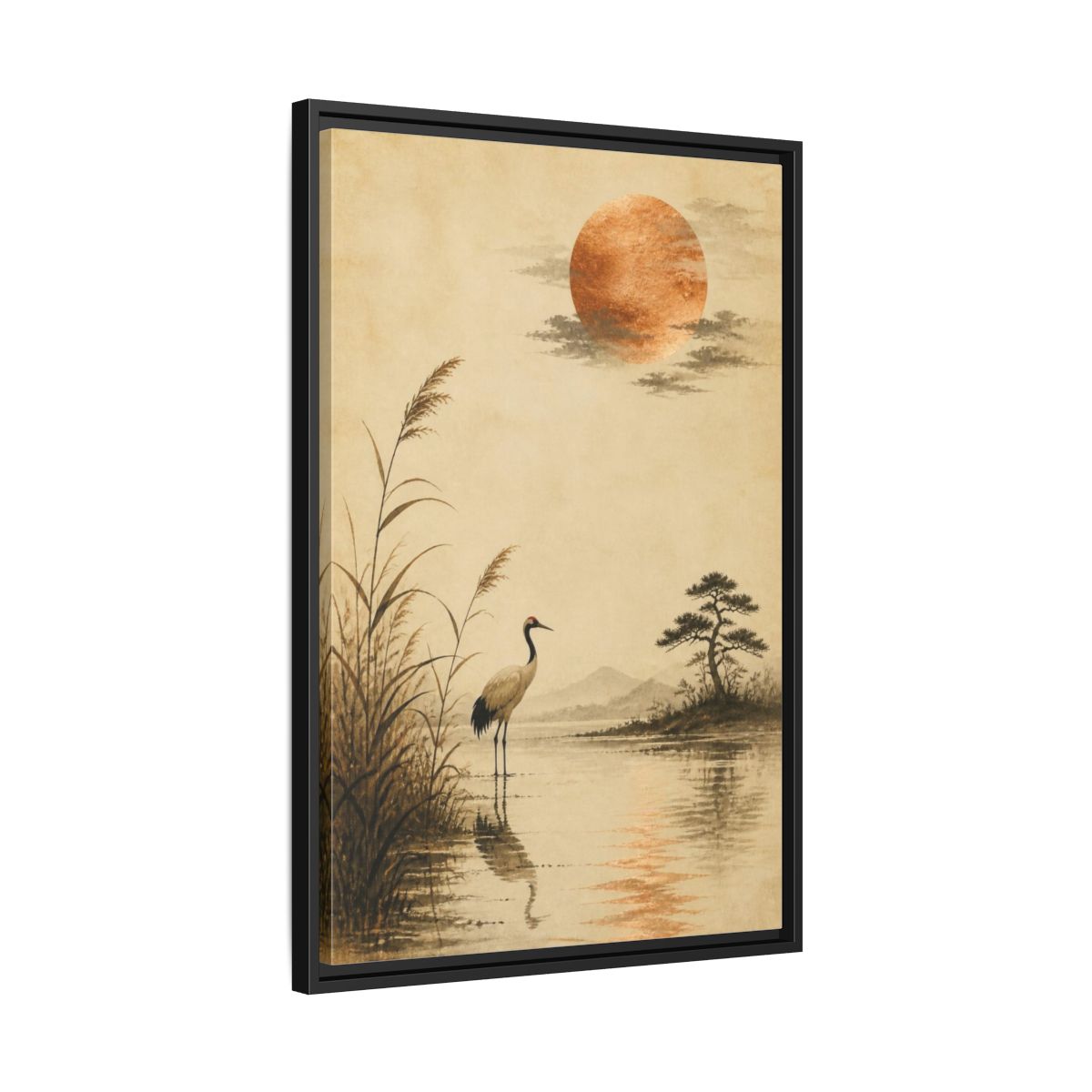 Side Mockup 14. Japanese Crane With Copper Moon shown as framed canvas print