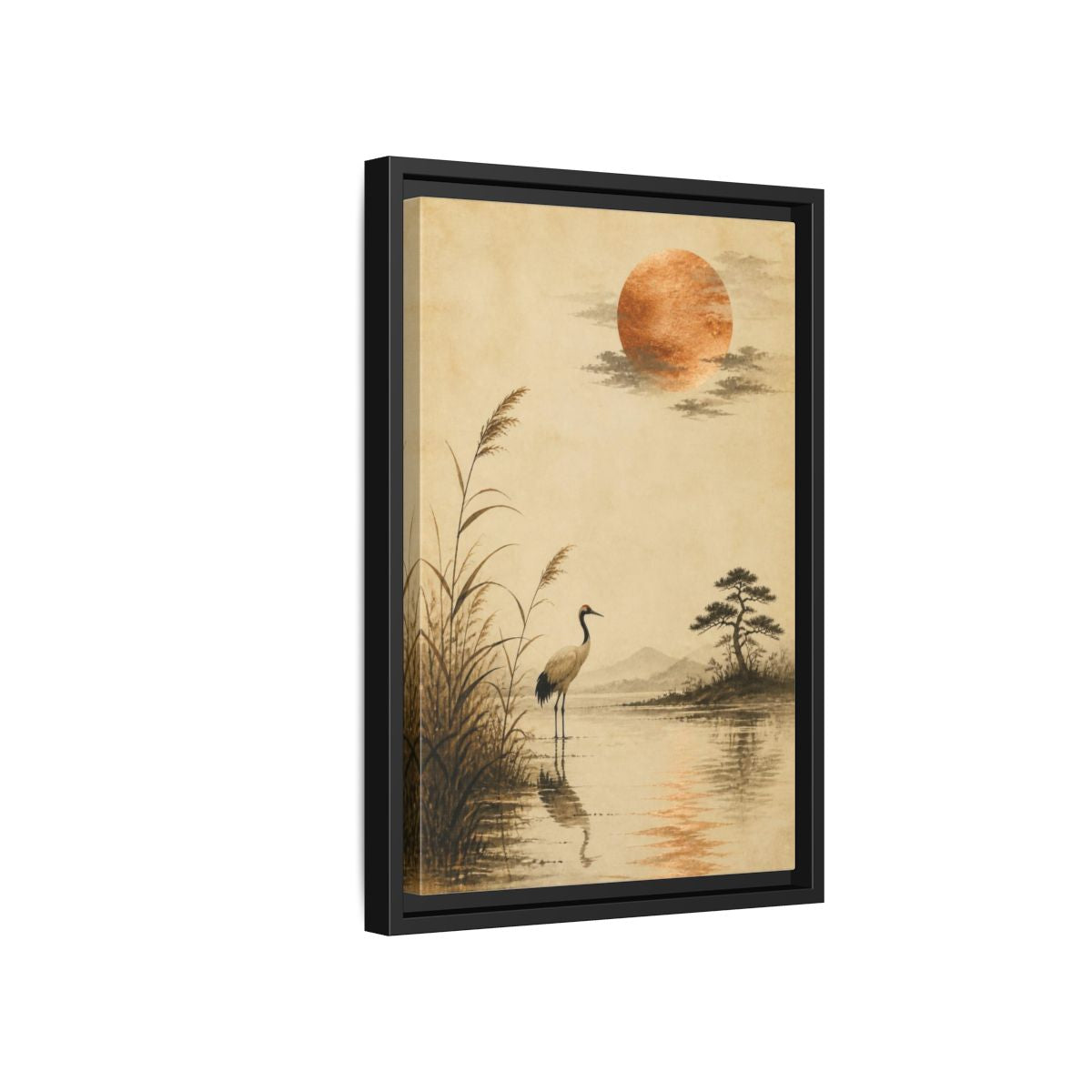 Side Mockup 6. Japanese Crane With Copper Moon shown as framed canvas print