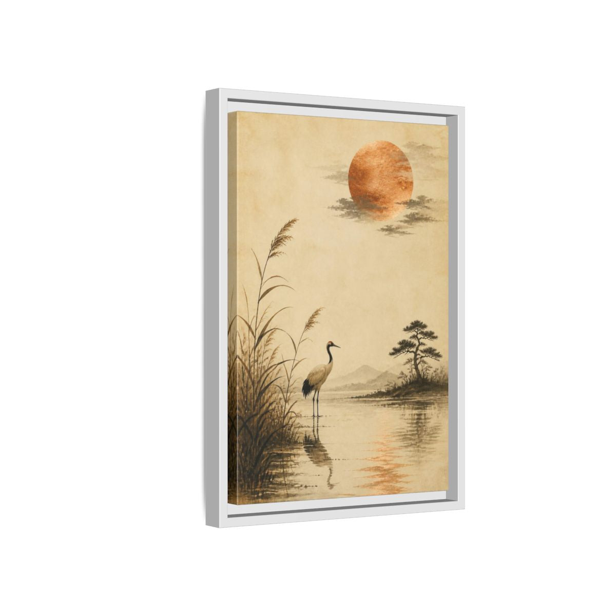 Side Mockup 4. Japanese Crane With Copper Moon shown as framed canvas print