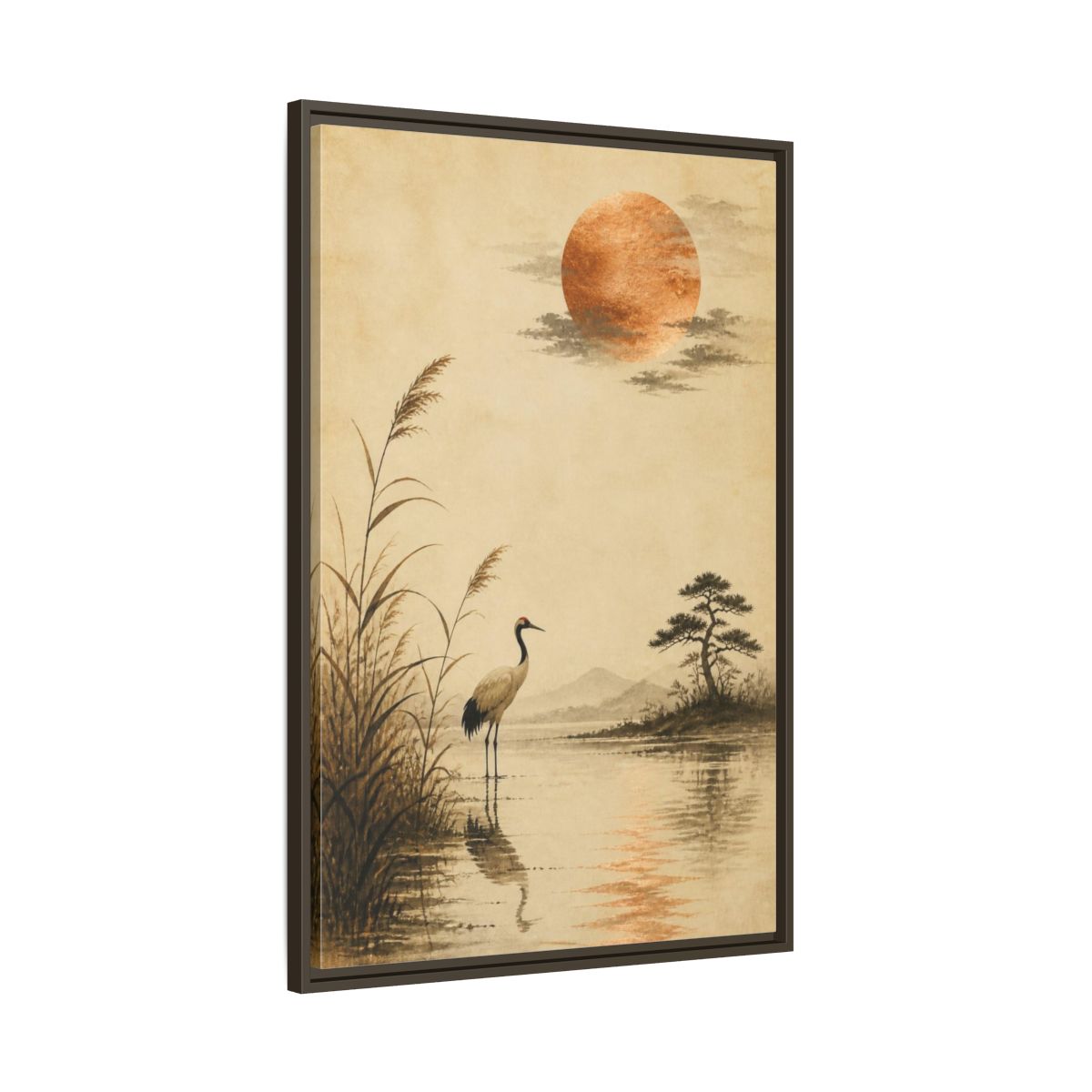 Main Mockup. Japanese Crane With Copper Moon shown as framed canvas print