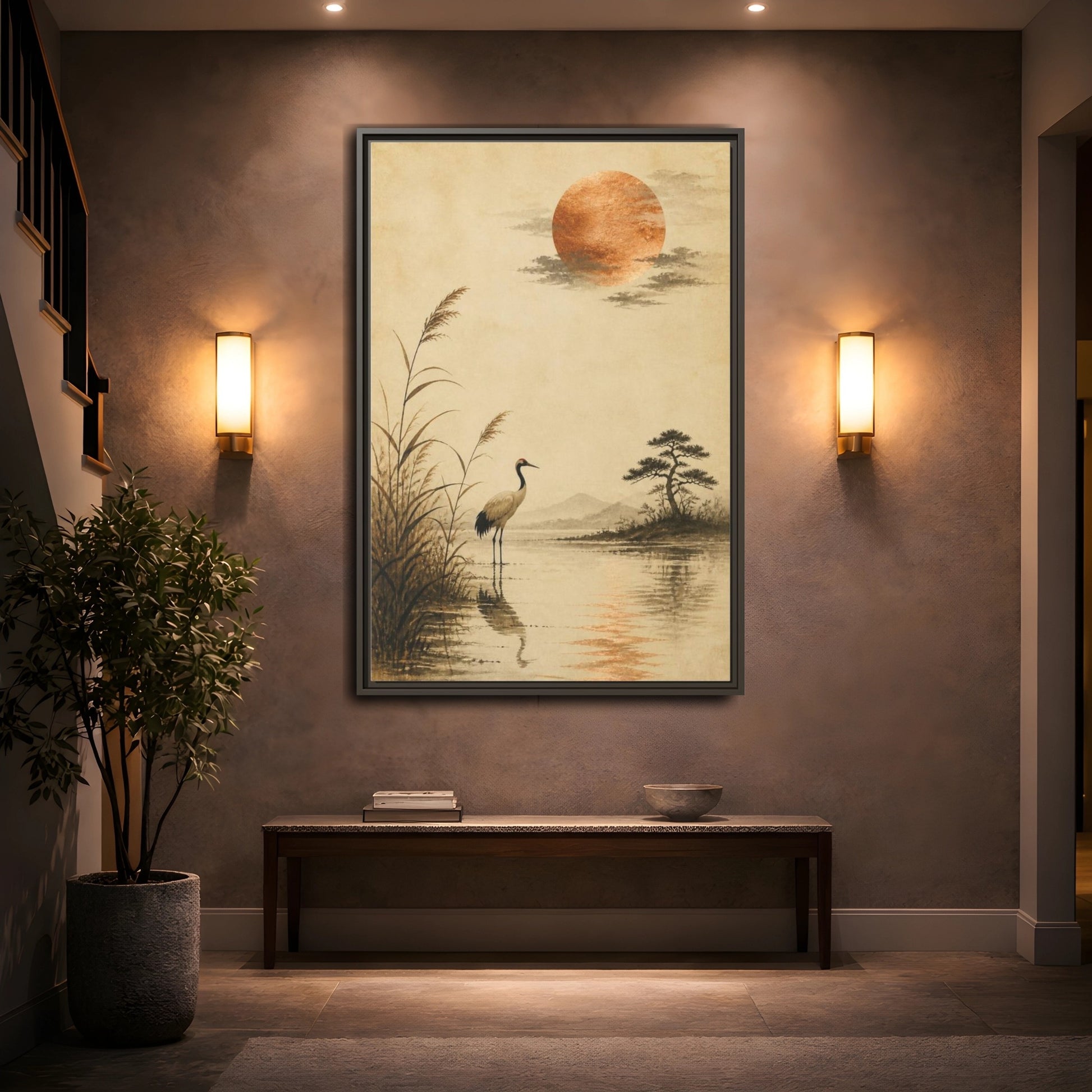 Mockup 2. Japanese Crane With Copper Moon shown as framed canvas print