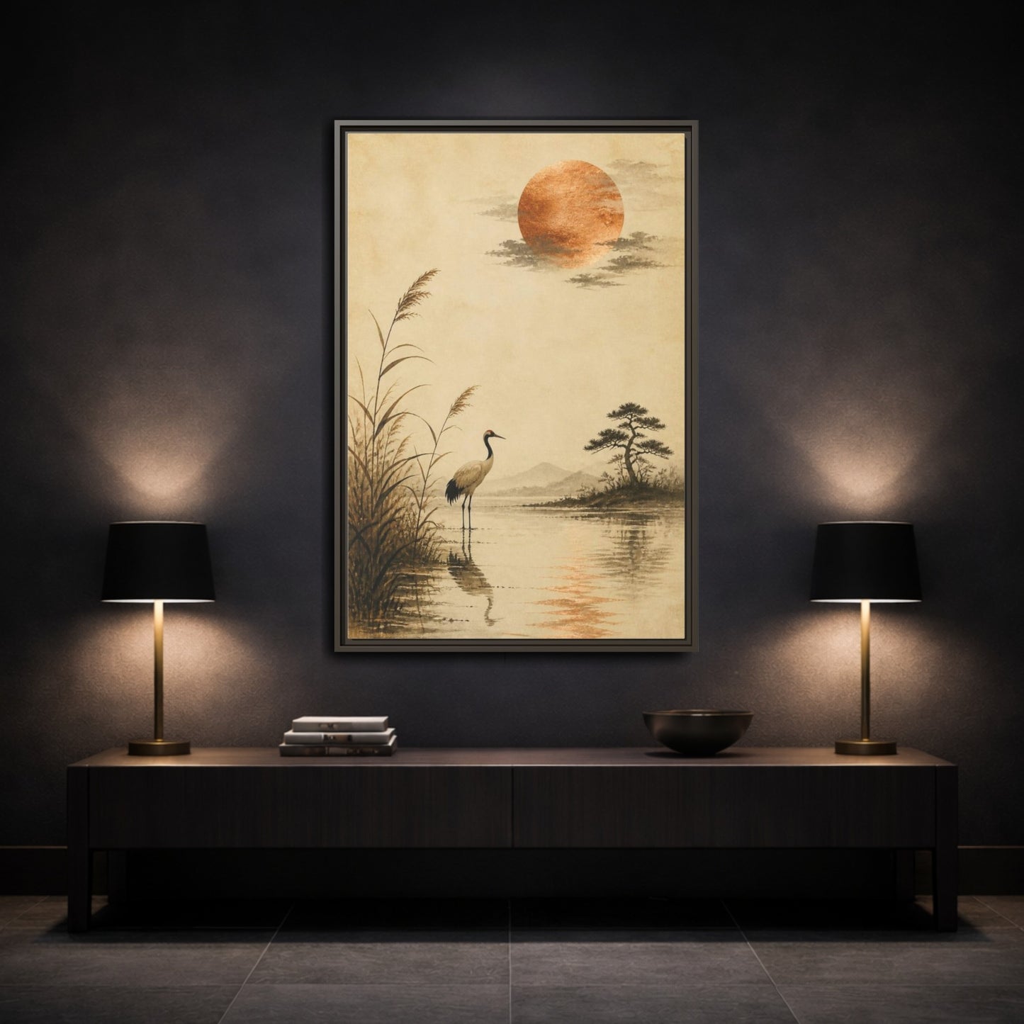 Mockup 3. Japanese Crane With Copper Moon shown as framed canvas print