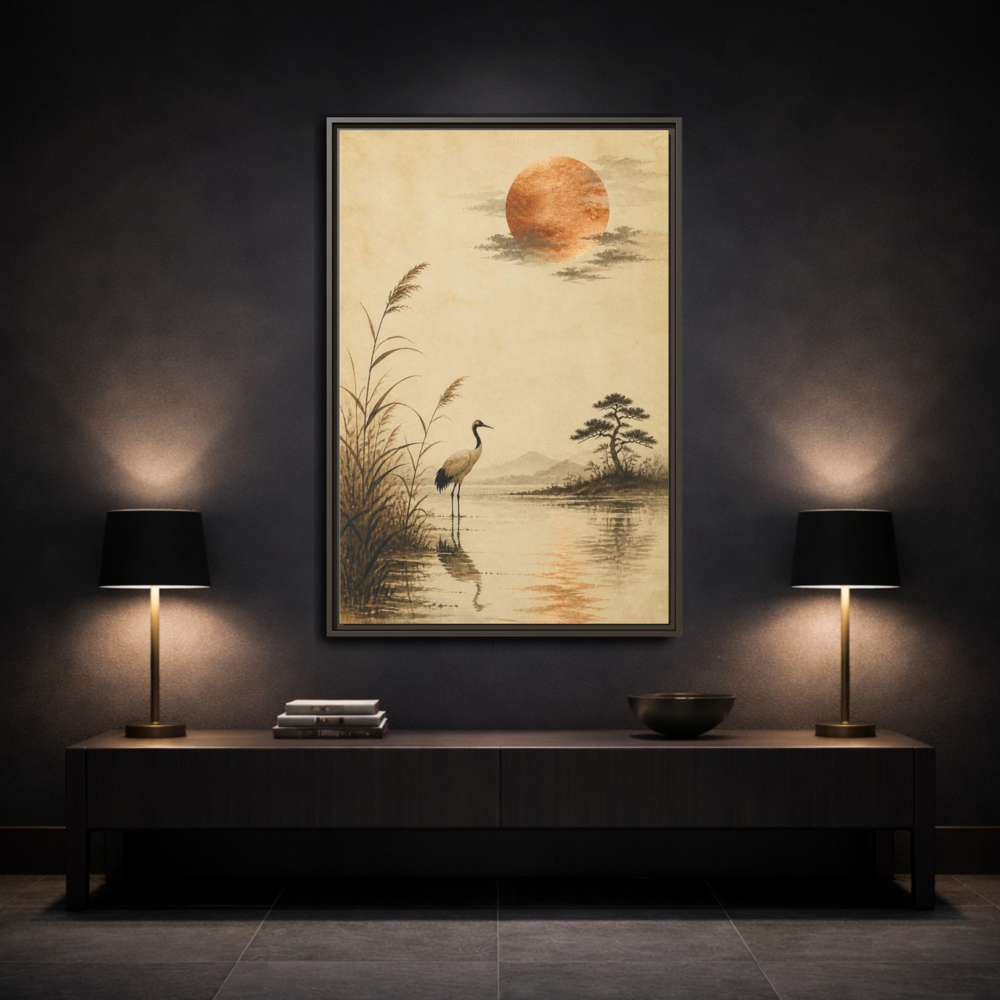 Mockup 3. Japanese Crane With Copper Moon shown as framed canvas print
