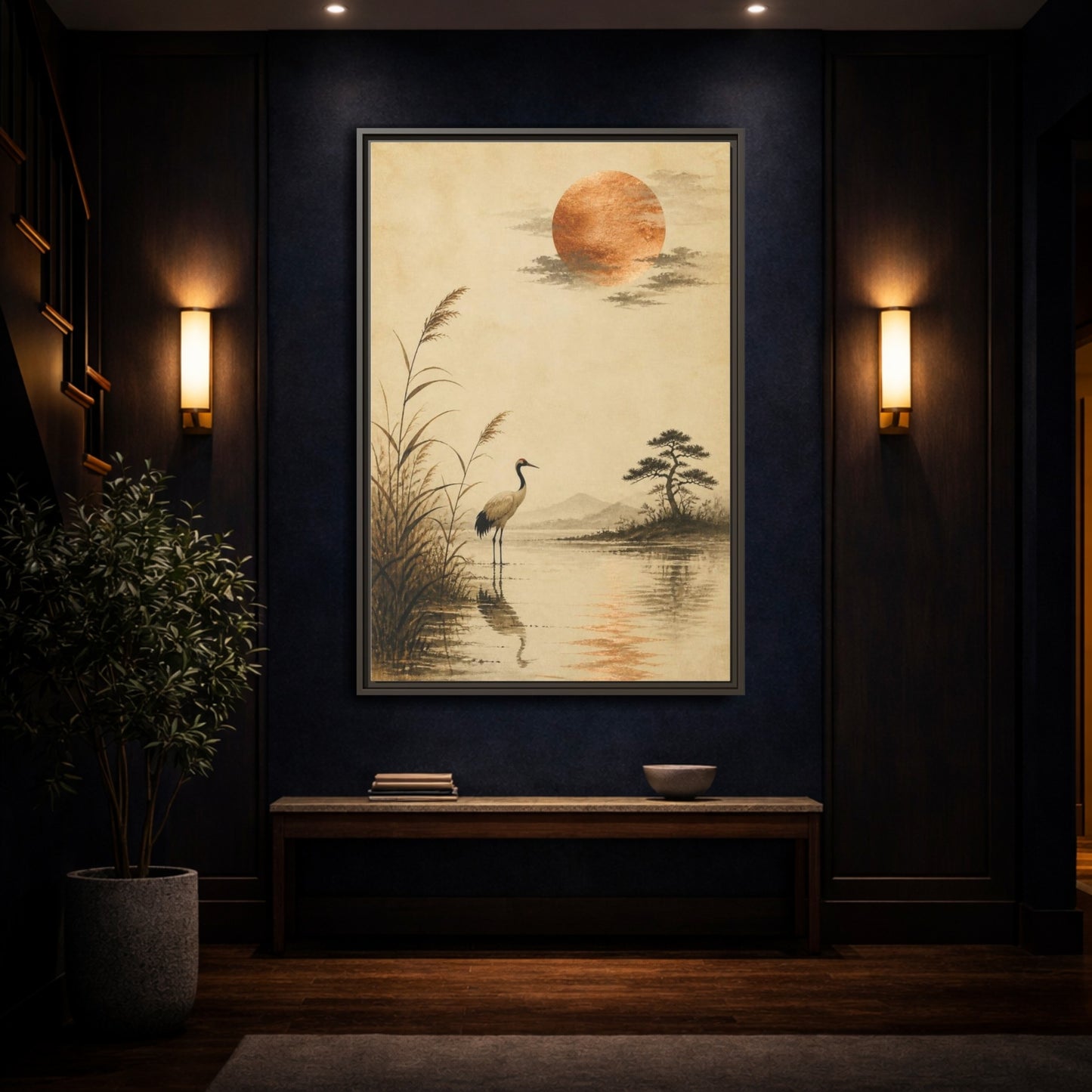 Mockup 4. Japanese Crane With Copper Moon shown as framed canvas print