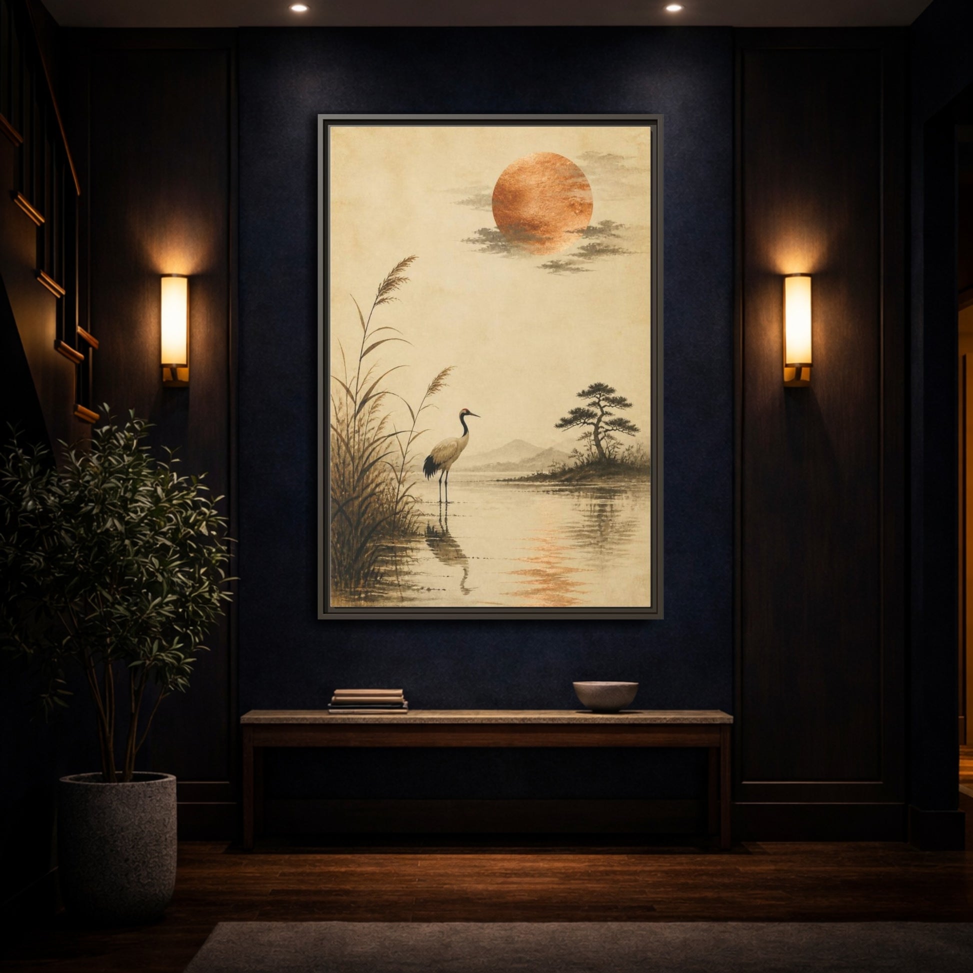 Mockup 4. Japanese Crane With Copper Moon shown as framed canvas print