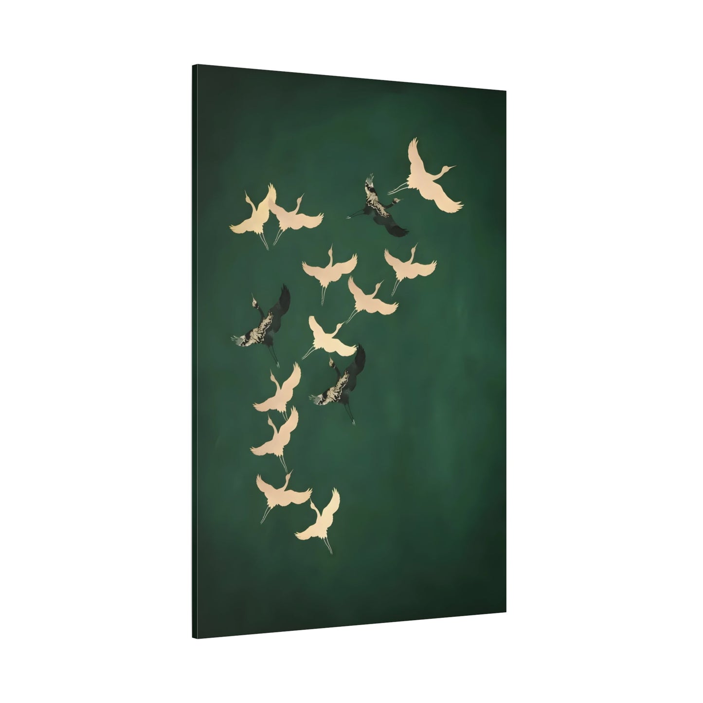 Japanese Cranes Birds Canvas Print - Green Gold Emerald Eclectic Wall Art - YesArtYes