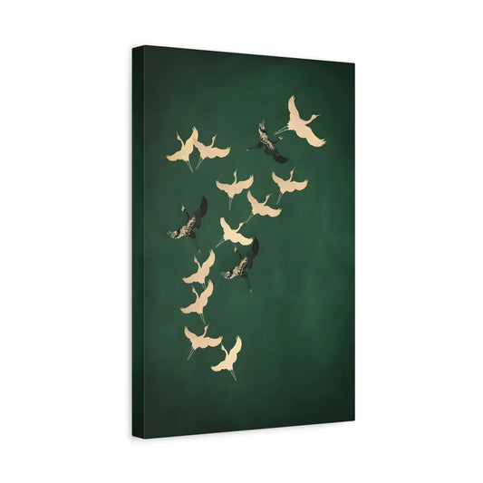Japanese Cranes Birds Canvas Print - Green Gold Emerald Eclectic Wall Art - YesArtYes