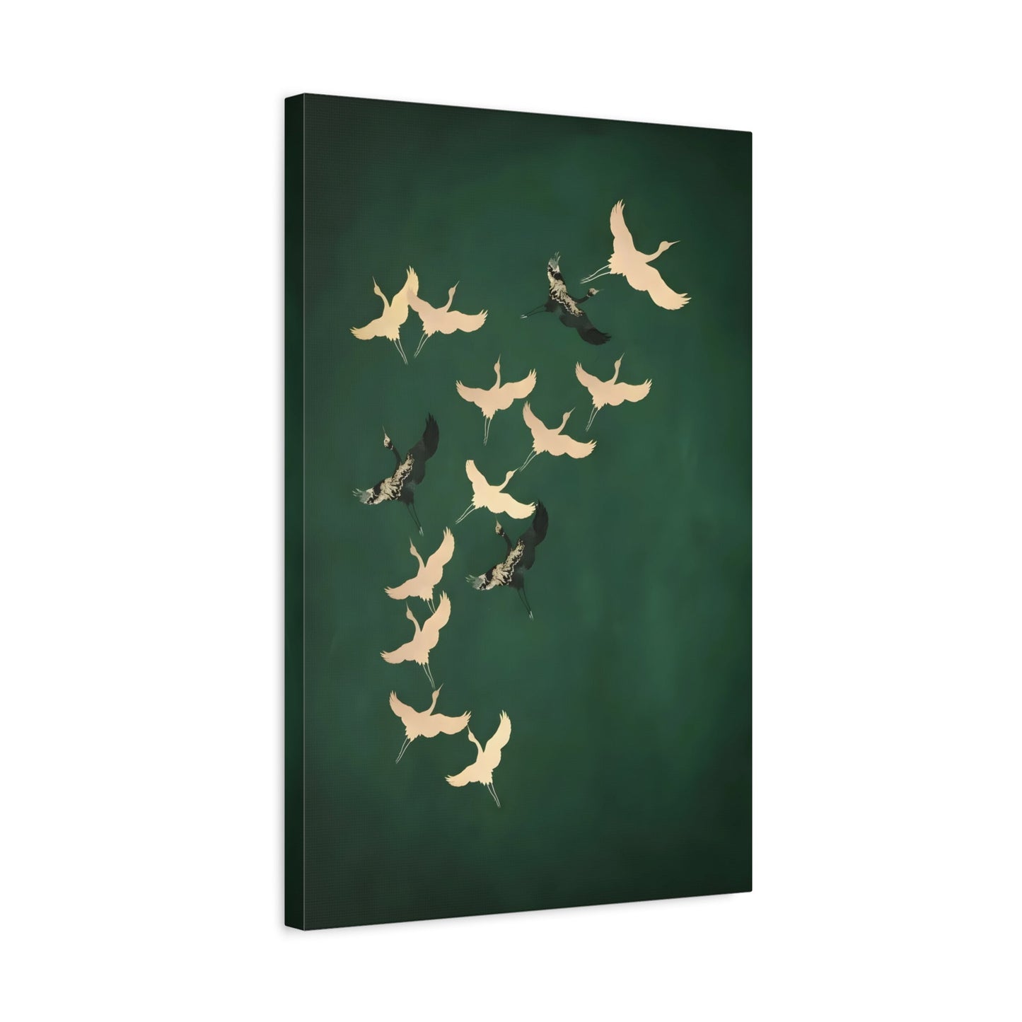 Japanese Cranes Birds Canvas Print - Green Gold Emerald Eclectic Wall Art - YesArtYes