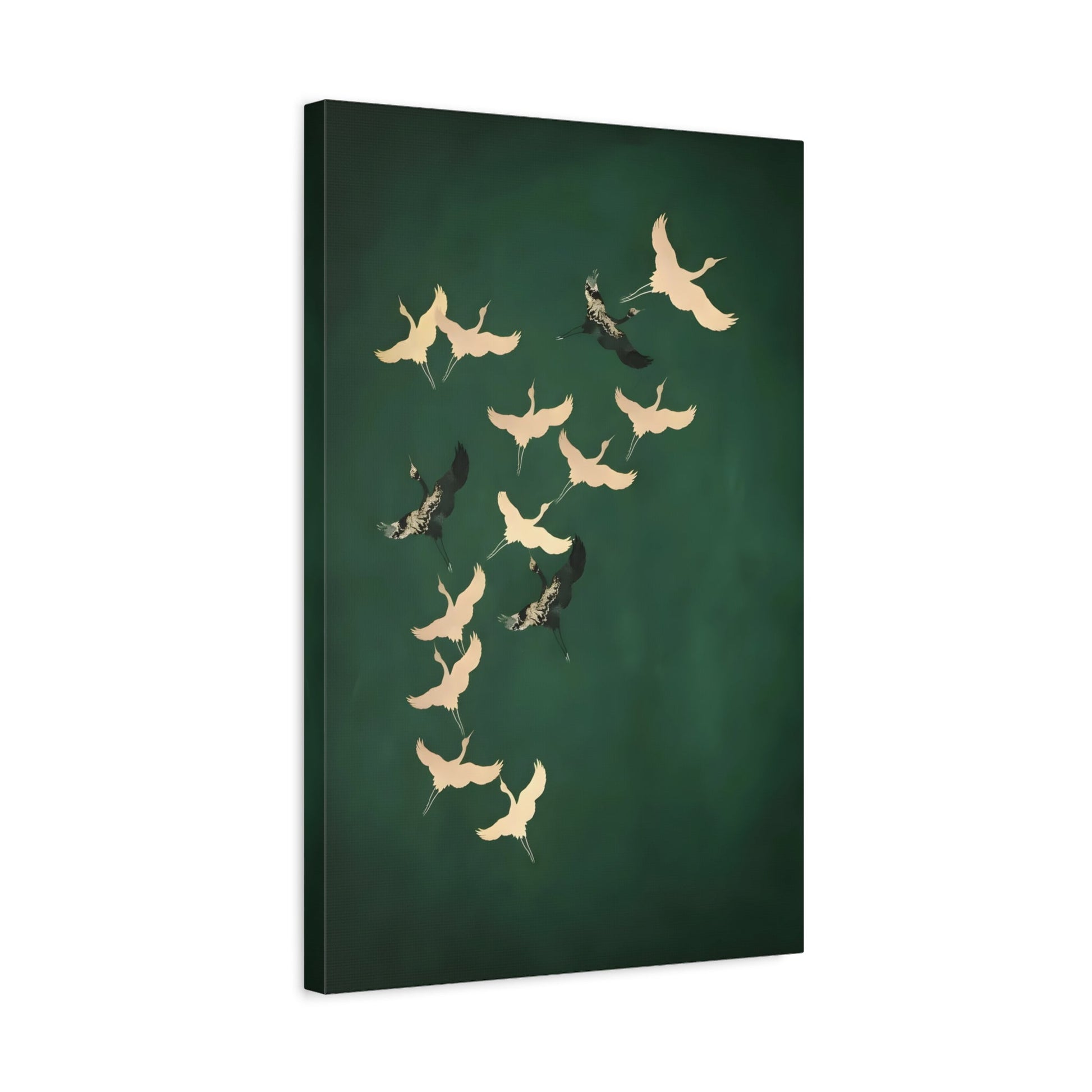 Japanese Cranes Birds Canvas Print - Green Gold Emerald Eclectic Wall Art - YesArtYes