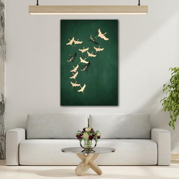 Japanese Cranes Birds Canvas Print - Green Gold Emerald Eclectic Wall Art - YesArtYes