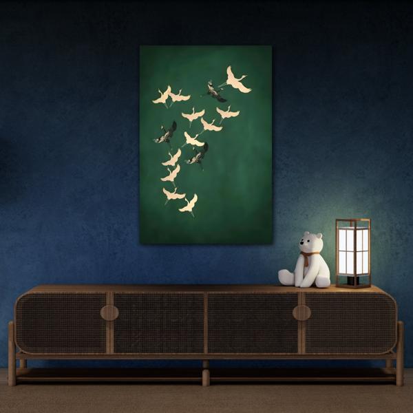 Japanese Cranes Birds Canvas Print - Green Gold Emerald Eclectic Wall Art - YesArtYes