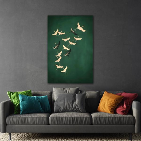 Japanese Cranes Birds Canvas Print - Green Gold Emerald Eclectic Wall Art - YesArtYes