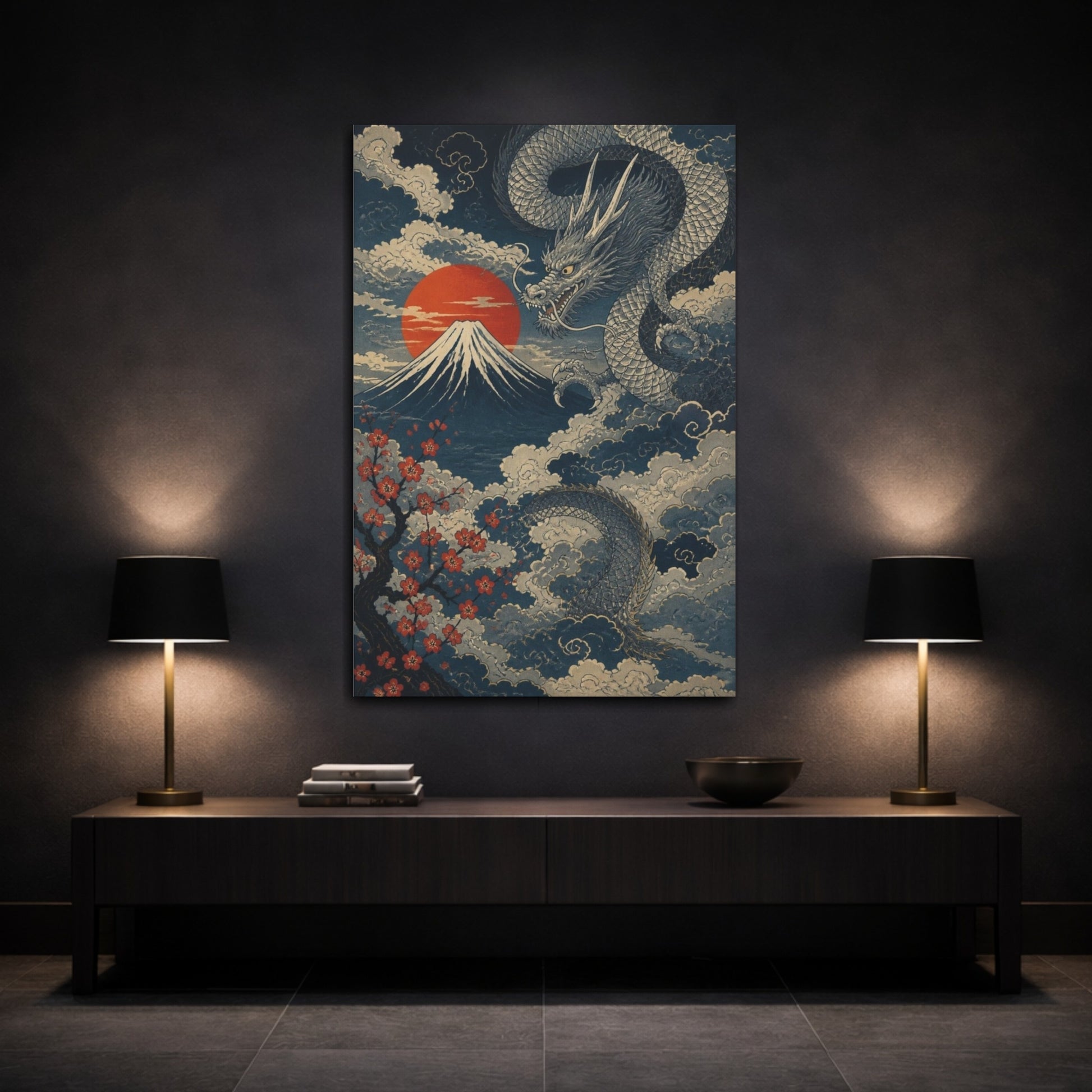 Mockup 3. Japanese Dragon Over Fuji shown as canvas print