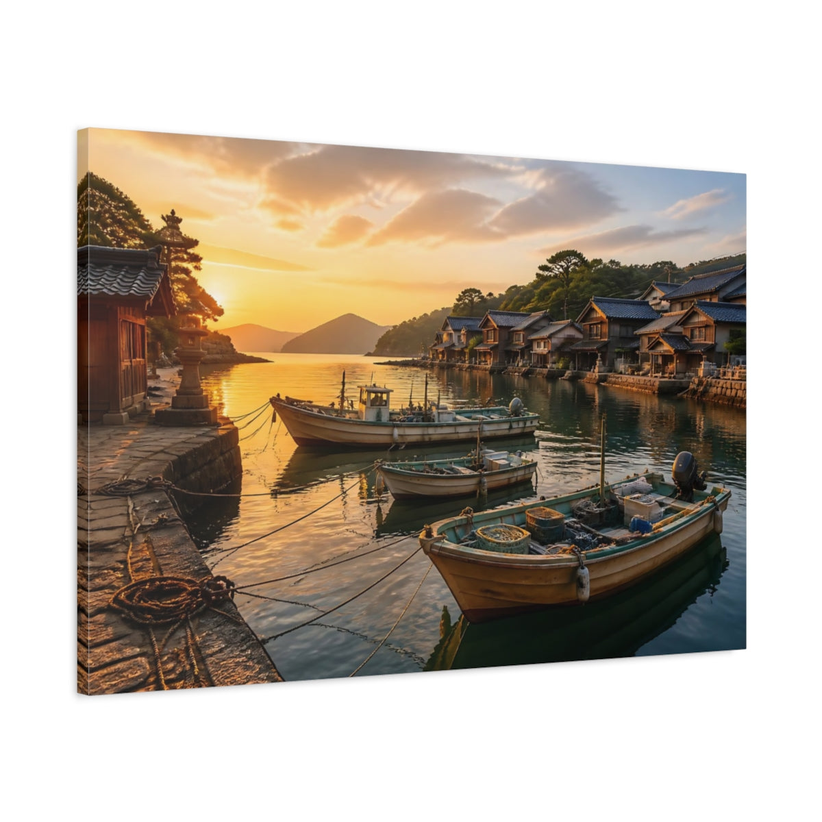 Main Mockup. Japanese Fishing Boats At Sunset shown as canvas print