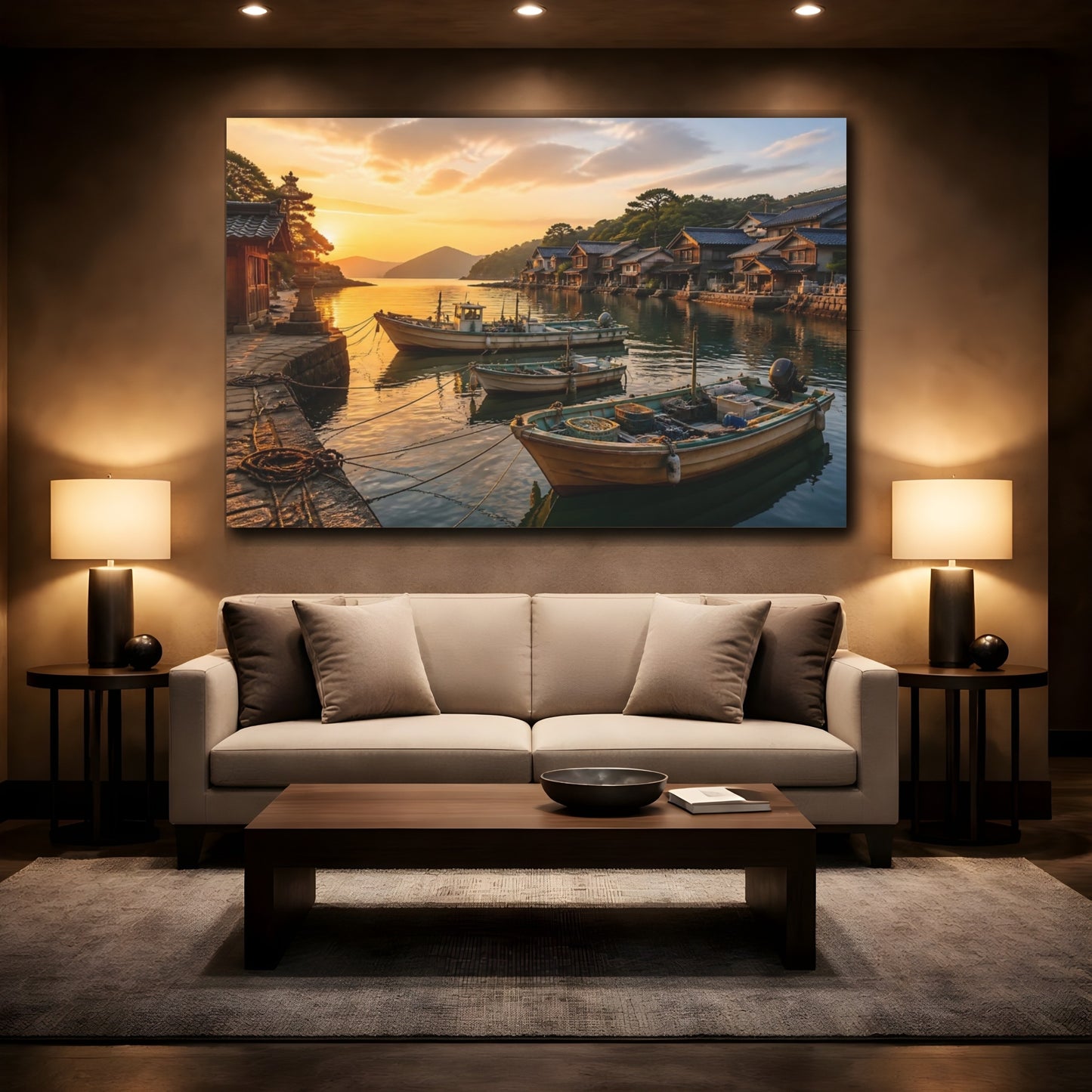 Mockup 2. Japanese Fishing Boats At Sunset shown as canvas print