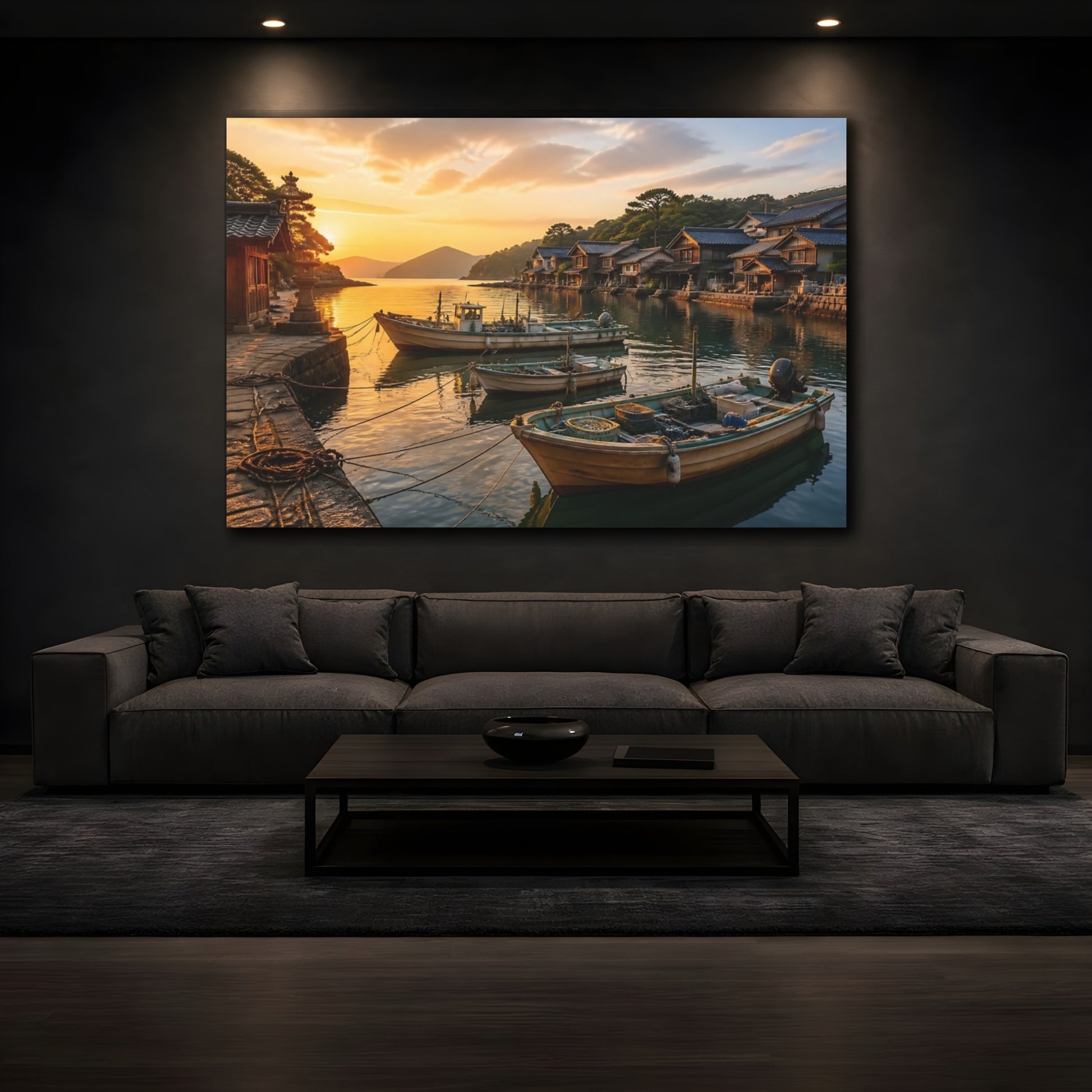 Mockup 3. Japanese Fishing Boats At Sunset shown as canvas print