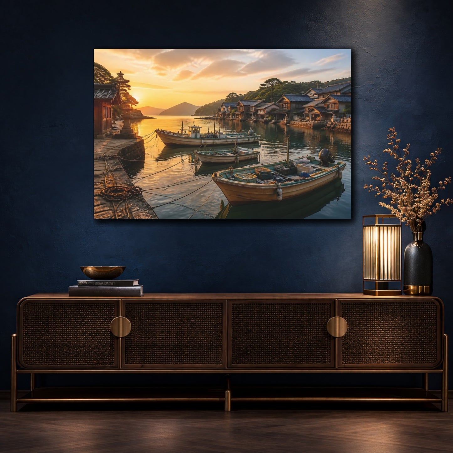 Mockup 4. Japanese Fishing Boats At Sunset shown as canvas print