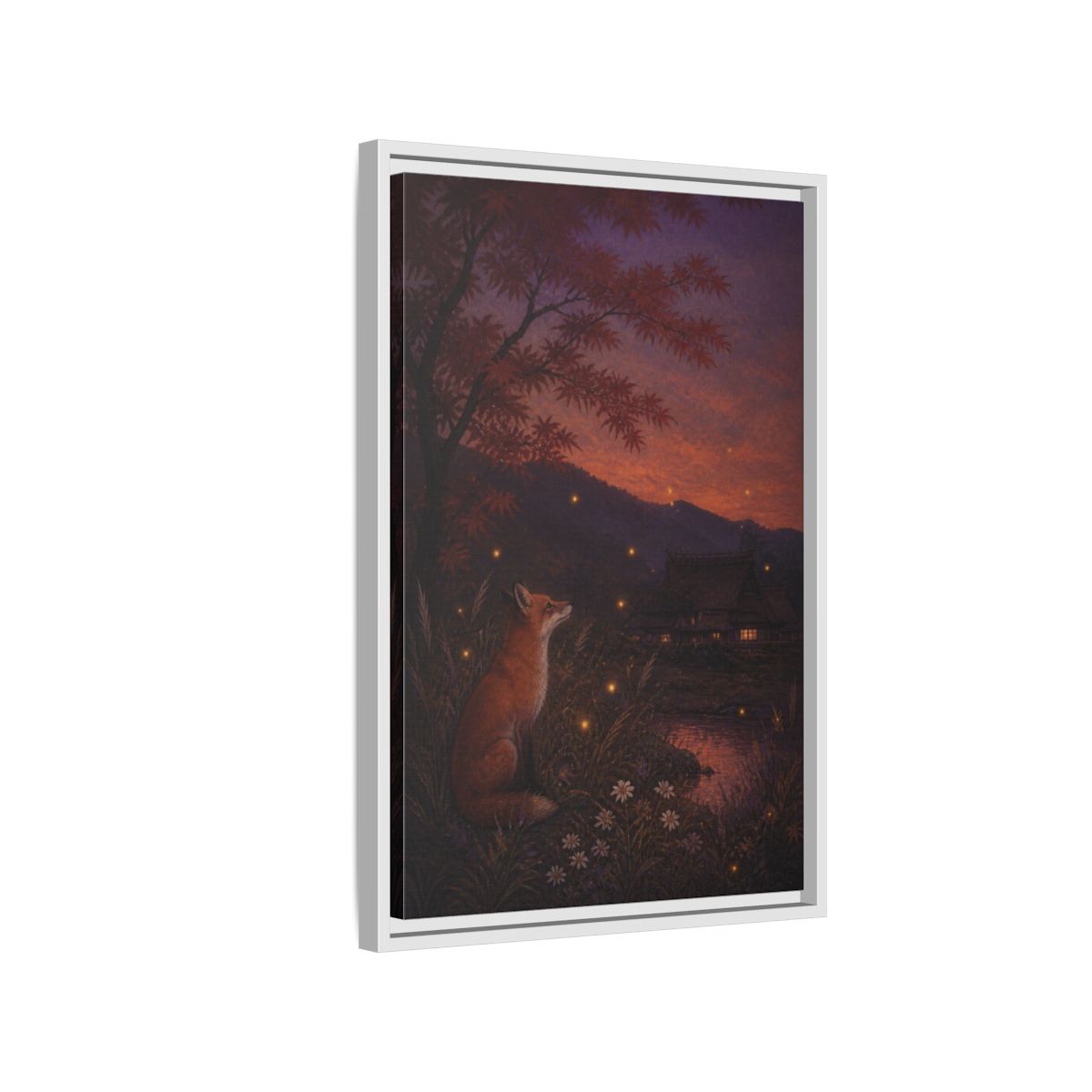 Side Mockup 1. Japanese Fox At Dusk shown as framed canvas print