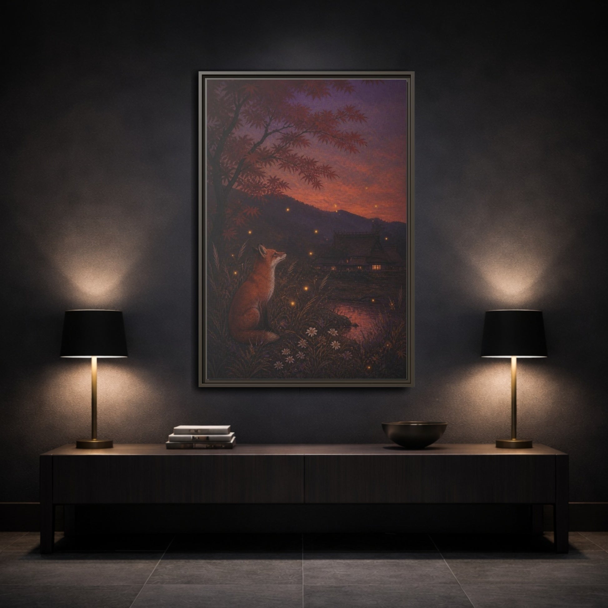 Mockup 3. Japanese Fox At Dusk shown as framed canvas print