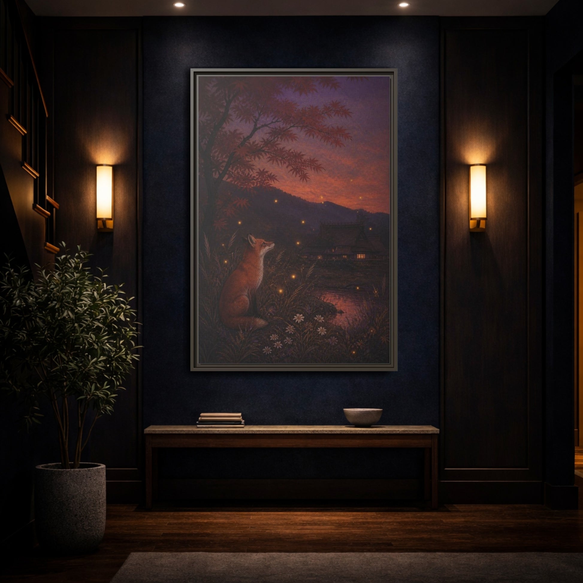 Mockup 4. Japanese Fox At Dusk shown as framed canvas print