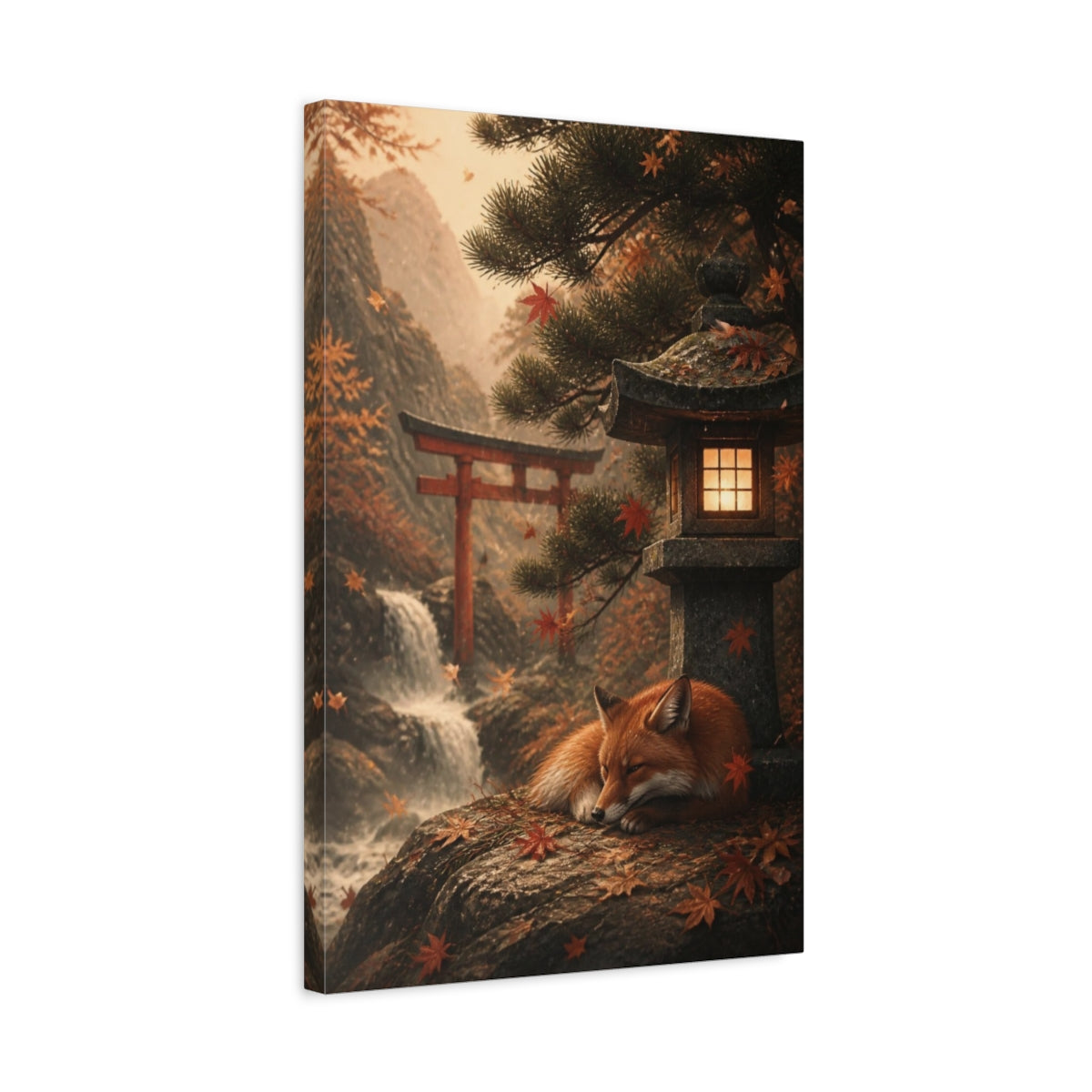 Side Mockup 3. Japanese Fox At Shrine shown as canvas print
