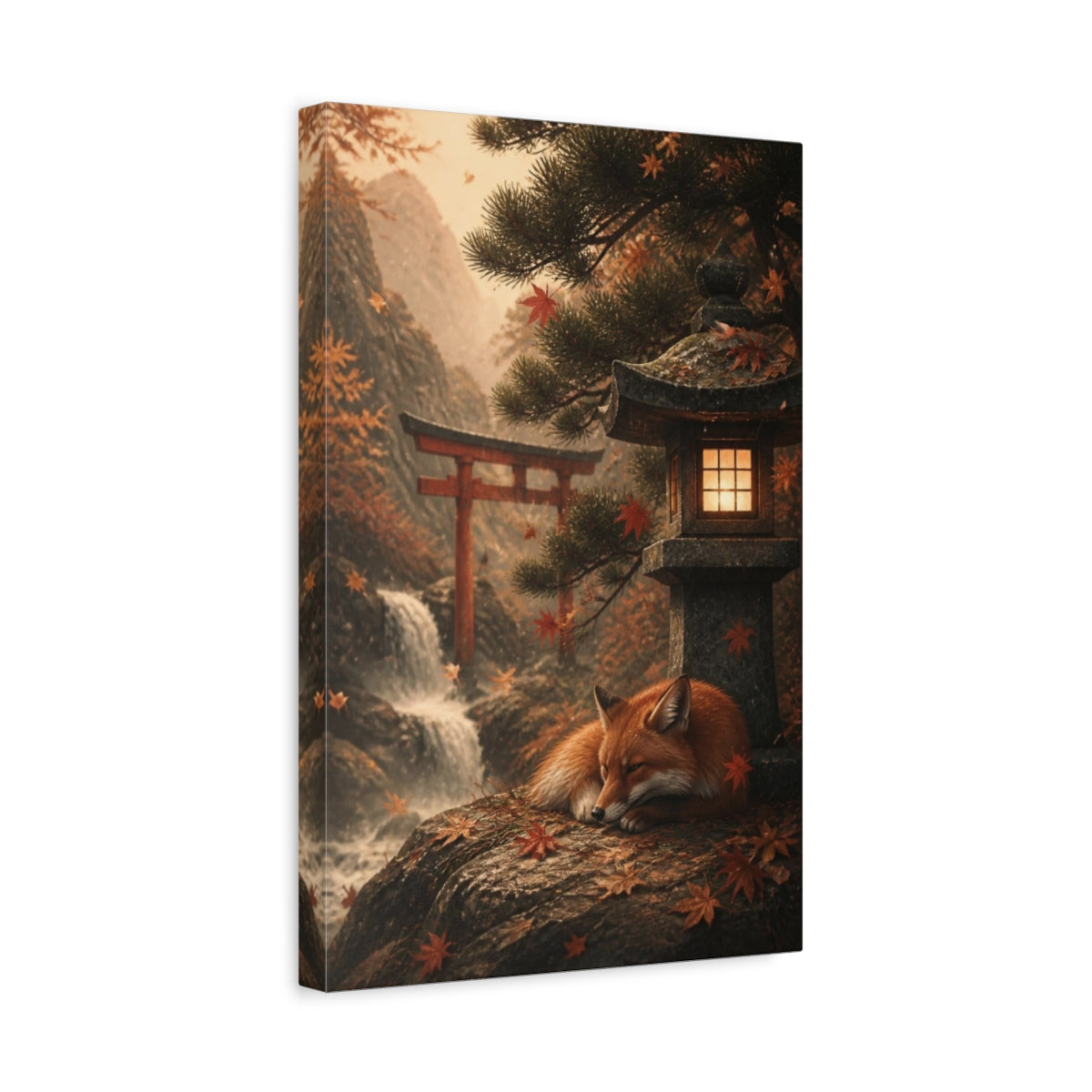 Side Mockup 4. Japanese Fox At Shrine shown as canvas print