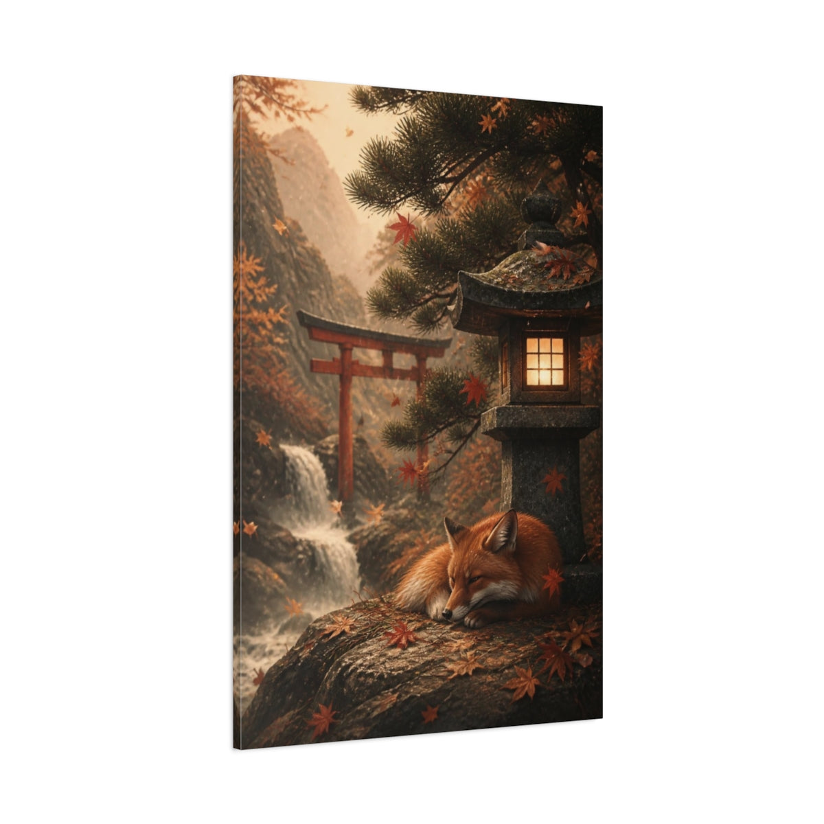 Side Mockup 1. Japanese Fox At Shrine shown as canvas print