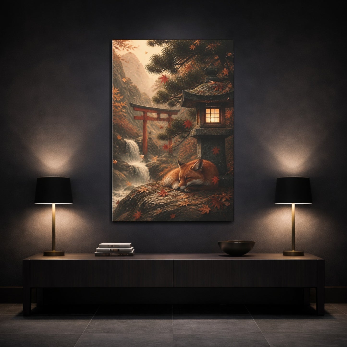 Mockup 3. Japanese Fox At Shrine shown as canvas print