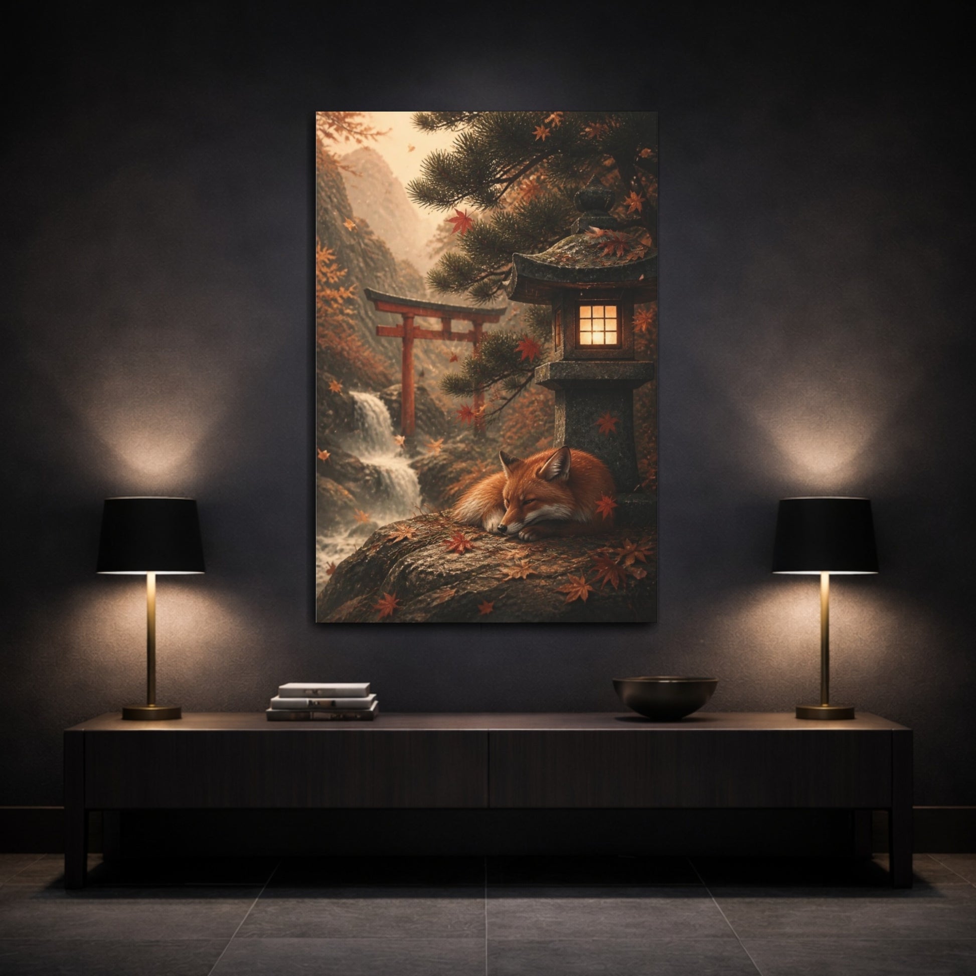 Mockup 3. Japanese Fox At Shrine shown as canvas print