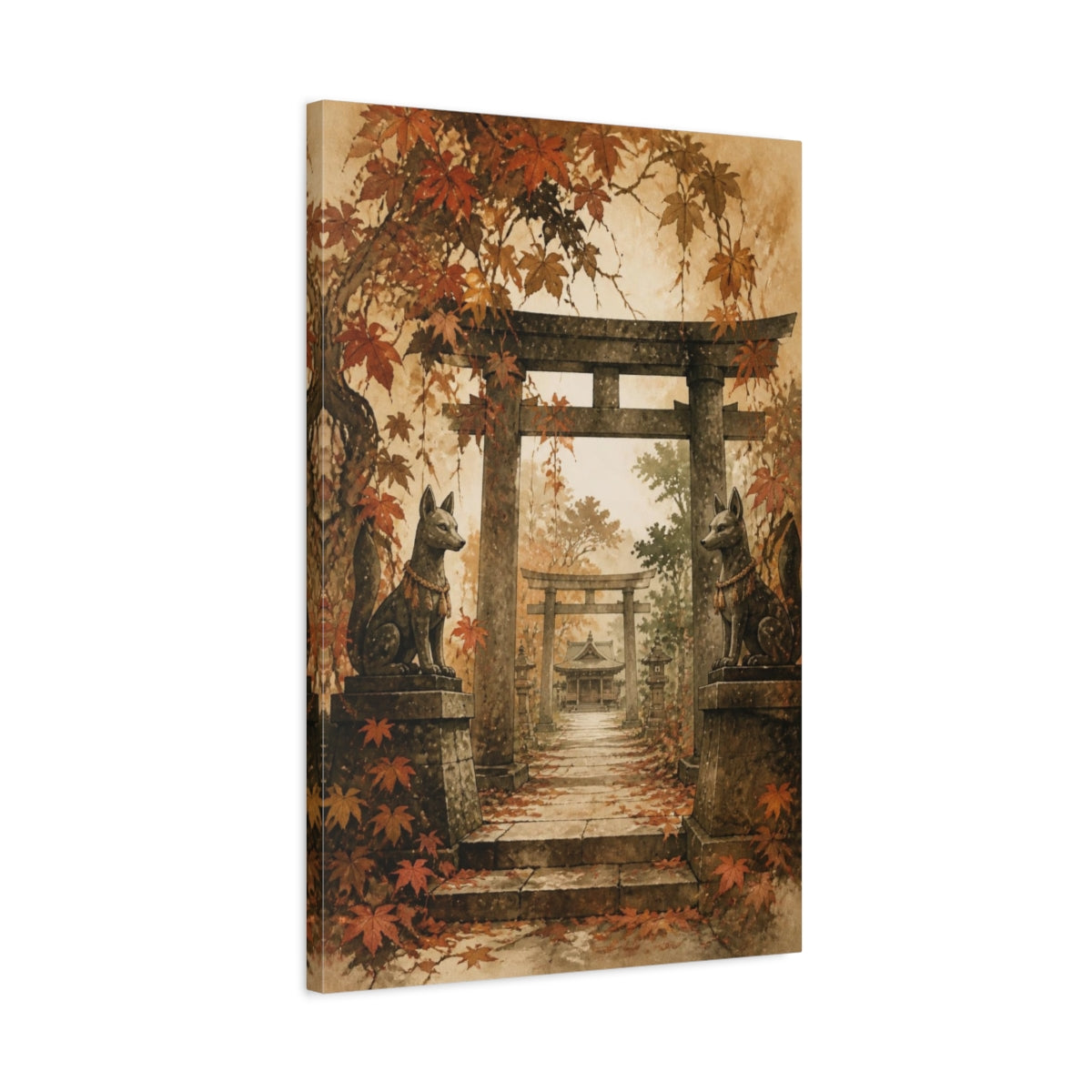 Side Mockup 2. Japanese Fox Guardians shown as canvas print