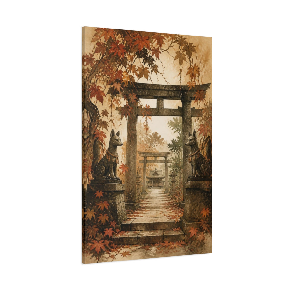 Side Mockup 1. Japanese Fox Guardians shown as canvas print