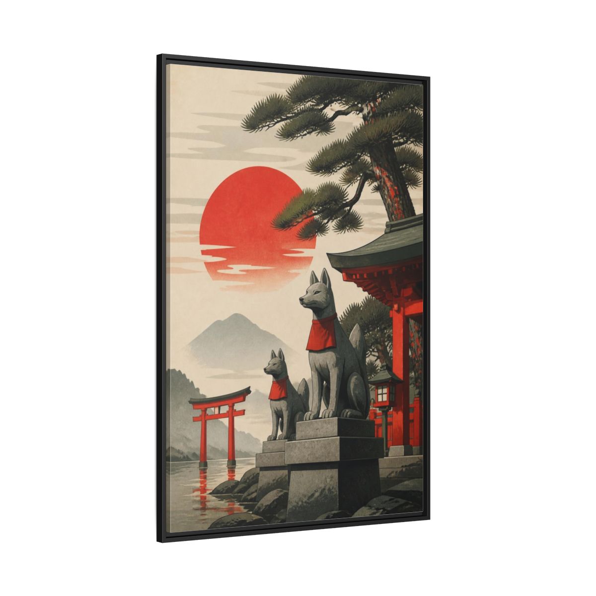 Side Mockup 12. Japanese Fox Guardians shown as framed canvas print